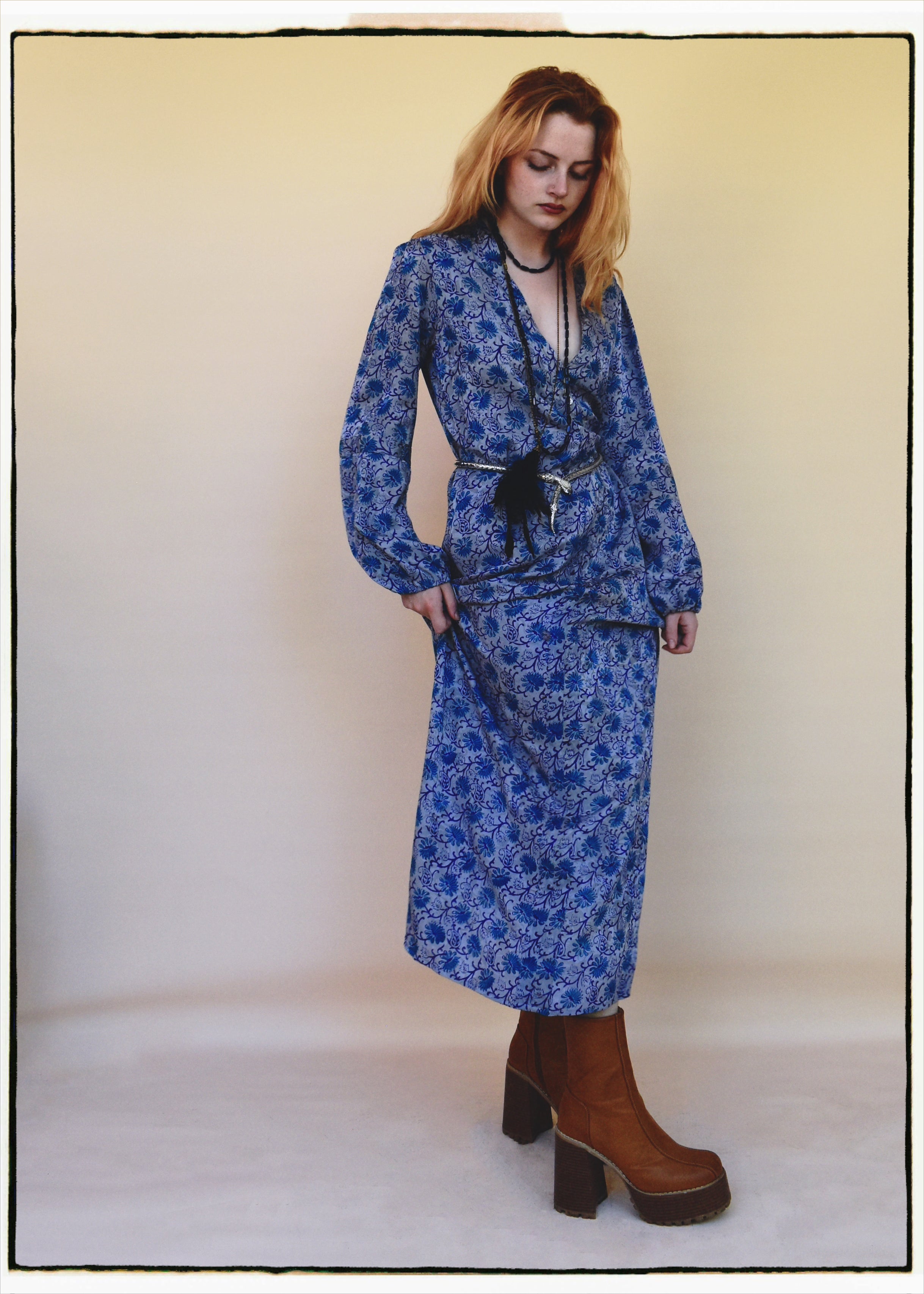 Zea Silk Crepe Kaftan Maxi Dress ~ Aquarius XS