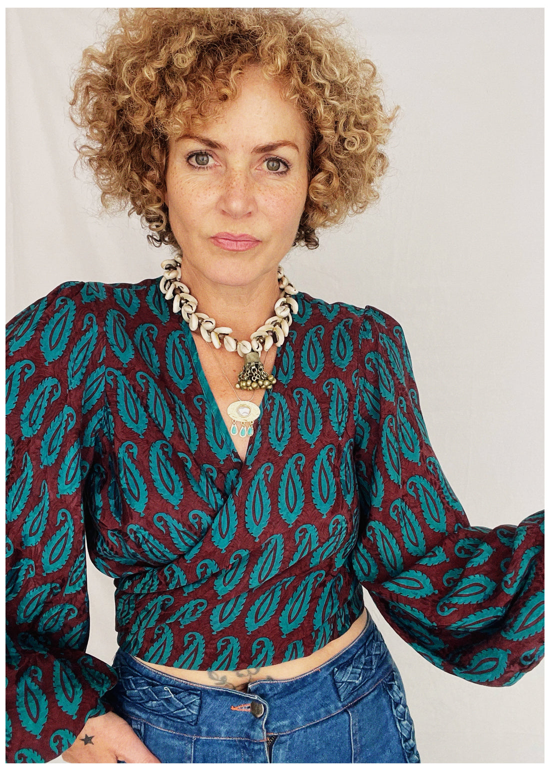 Hoya Silk Crepe Balloon Sleeve Wrap Top ~ Celestial S