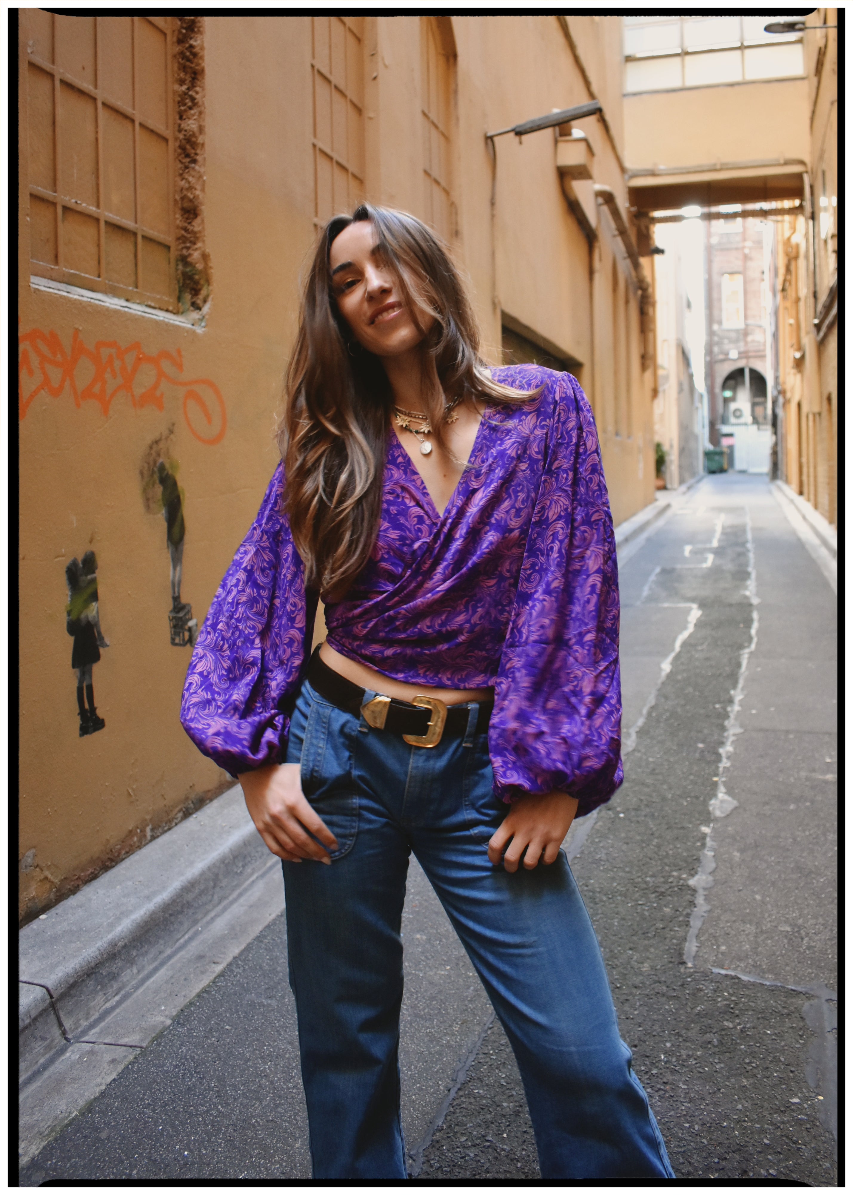 Hoya Silk Crepe Balloon Sleeve Wrap Top ~ Kesey M