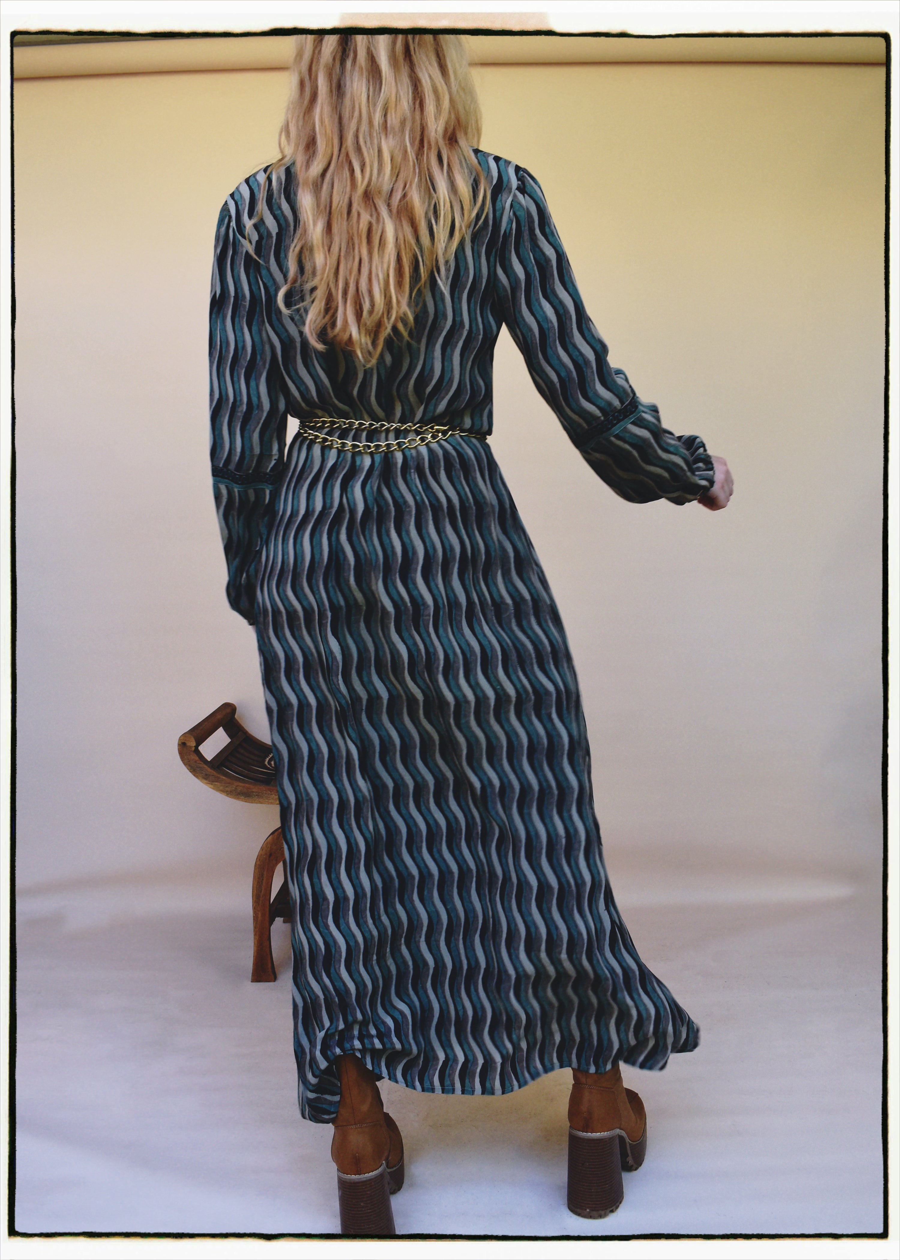 Zea Silk Crepe Kaftan Maxi Dress ~ Sea Jet XS