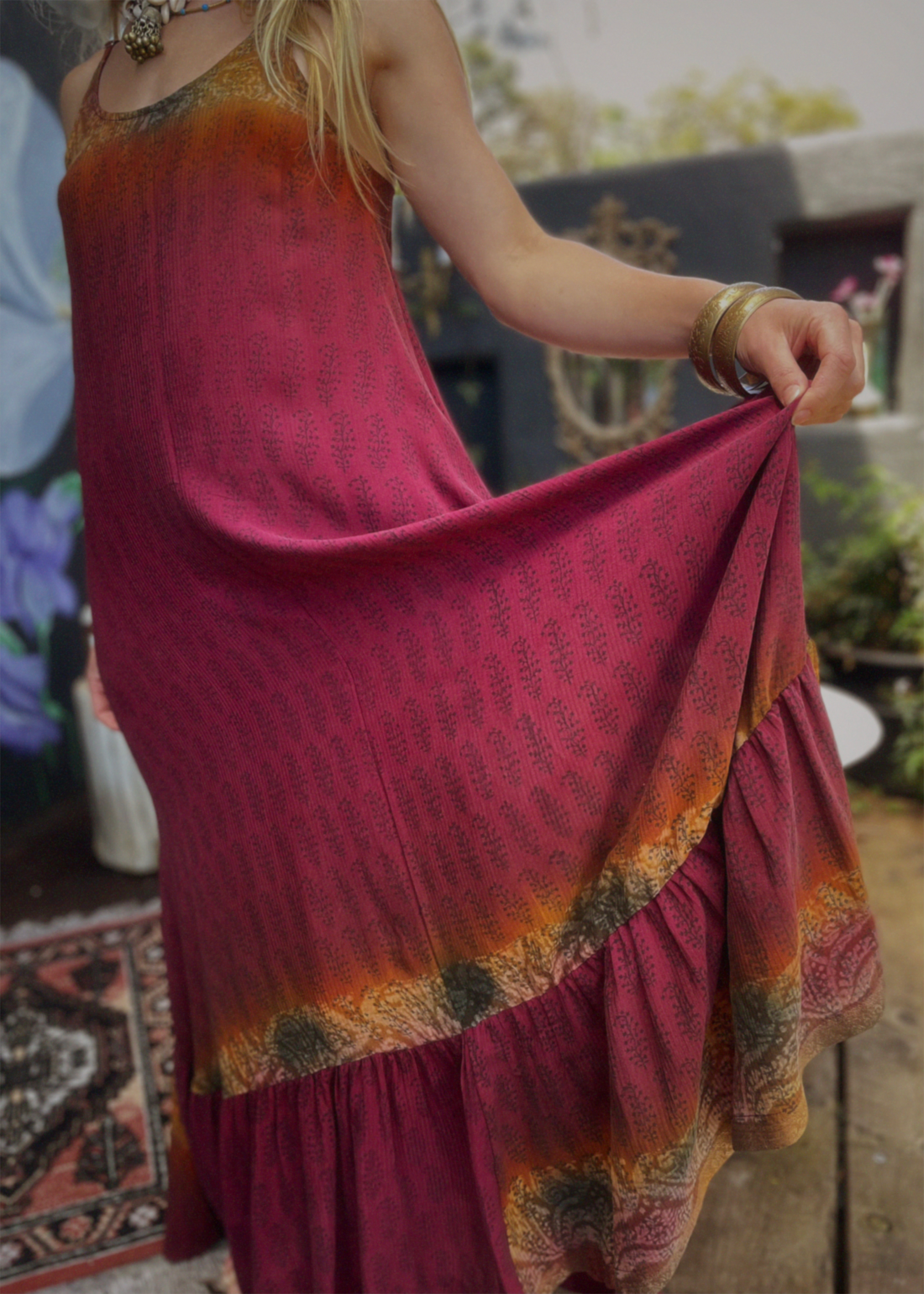 Eustoma Silk Crepe Swing Maxi Dress ~ Garnet XS