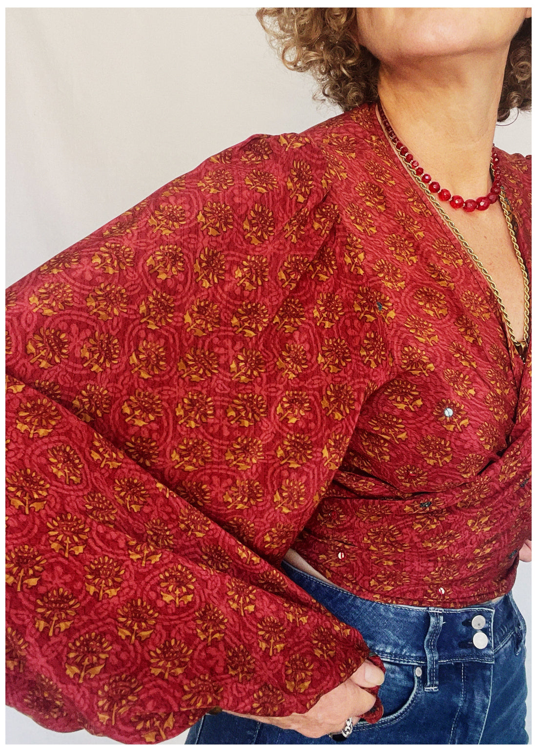 Hoya Silk Crepe Balloon Sleeve Wrap Top ~ Tango XL