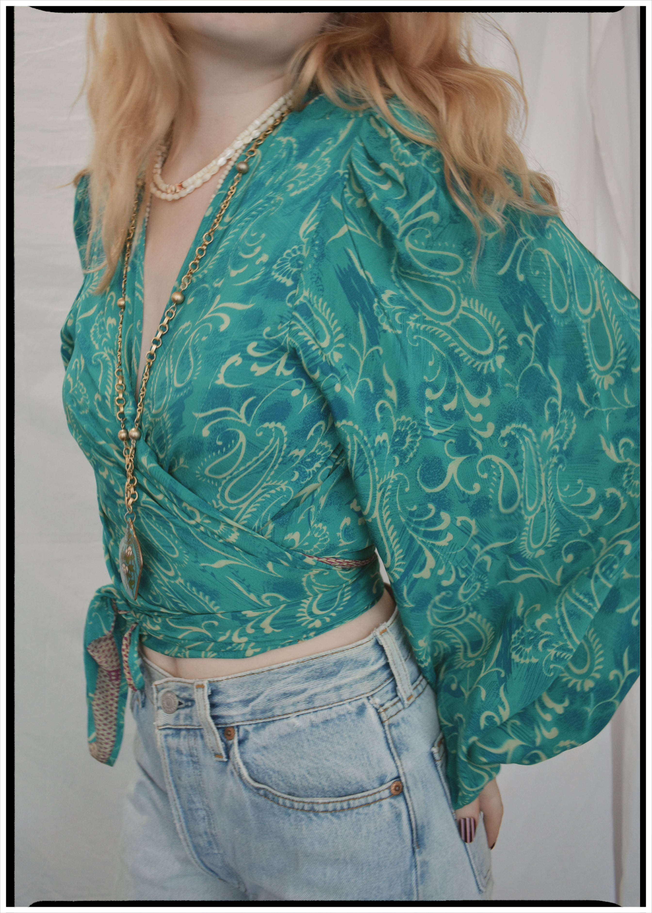 Hoya Silk Crepe Balloon Sleeve Wrap Top ~ Crystal S