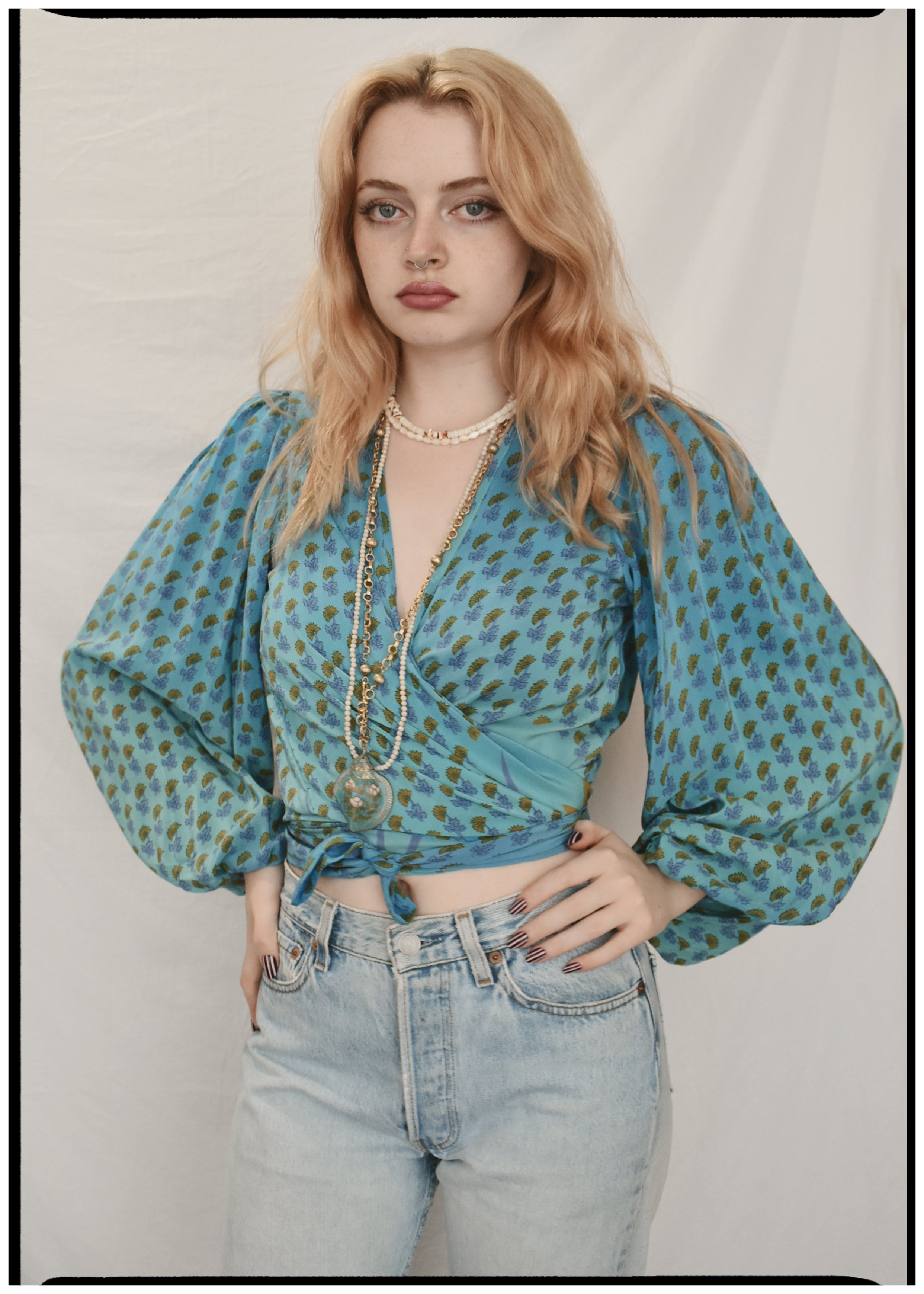 Hoya Silk Crepe Balloon Sleeve Wrap Top ~ Saxony XS