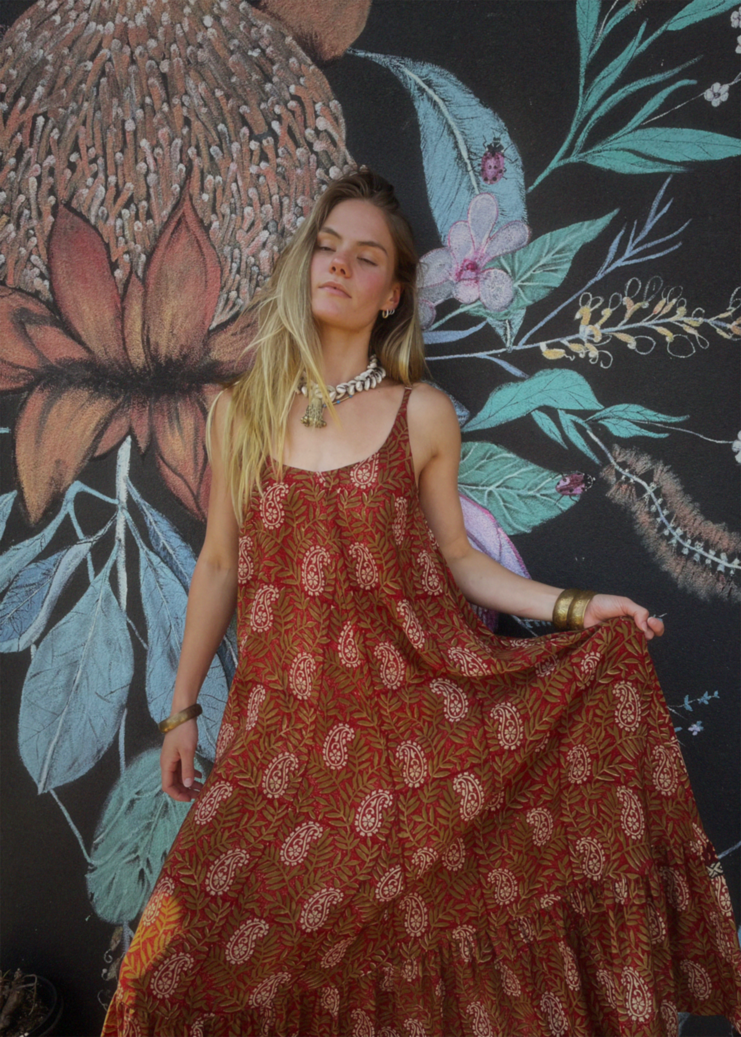 Eustoma Silk Crepe Swing Maxi Dress ~ Rumba XS