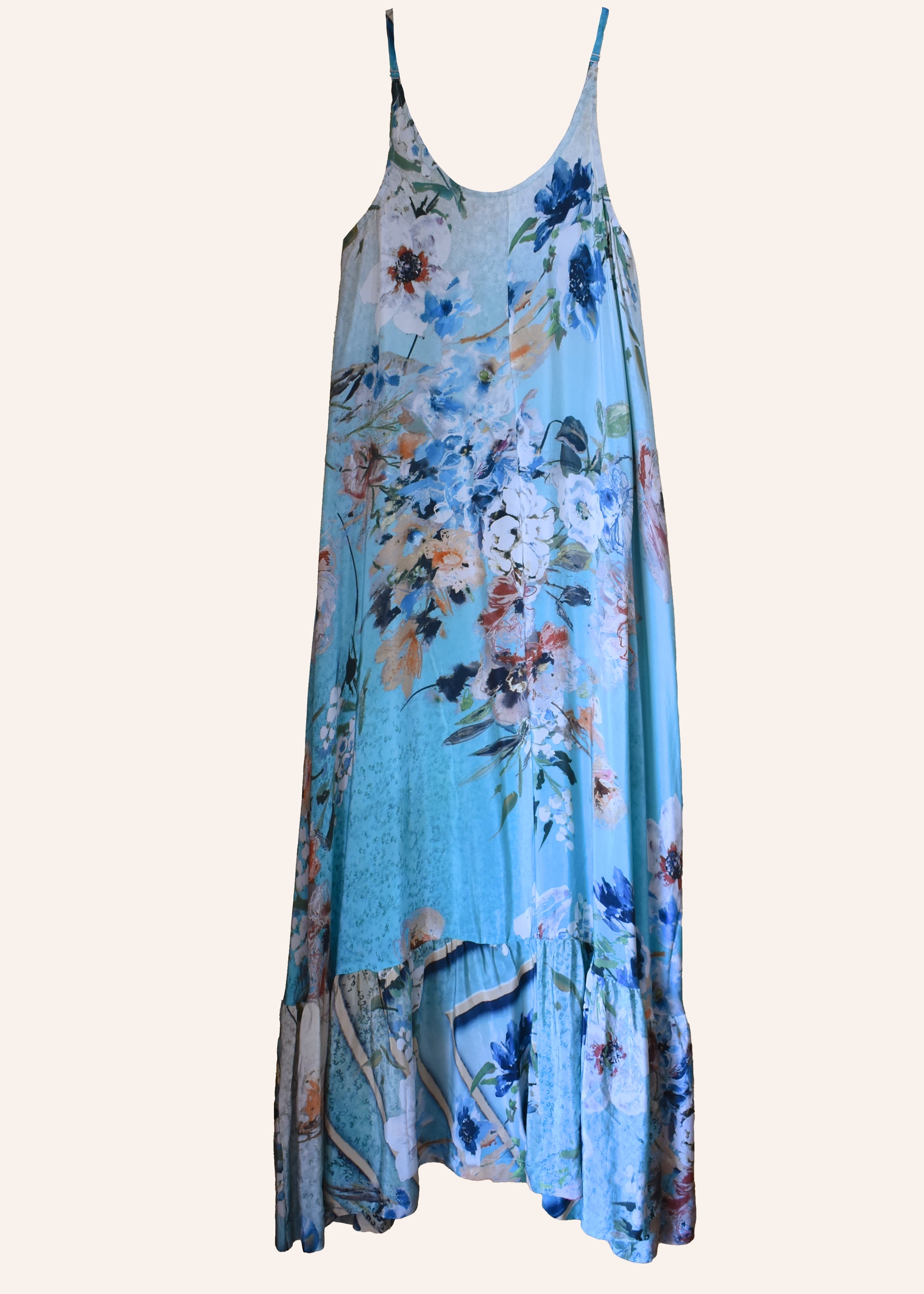 Eustoma Silk Crepe Swing Maxi Dress ~ Azurine S