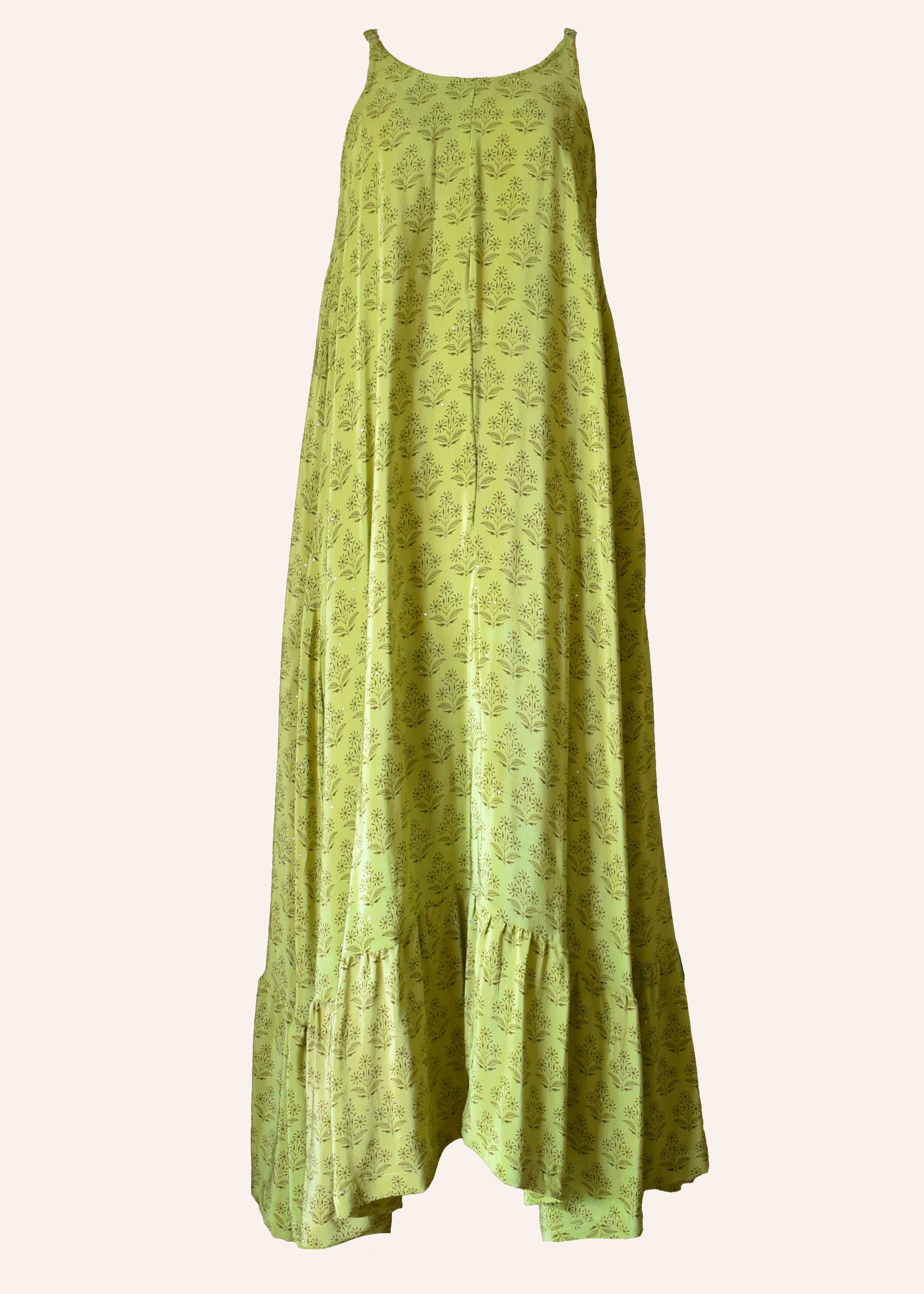Eustoma Silk Crepe Swing Maxi Dress ~ Irish Moss XL