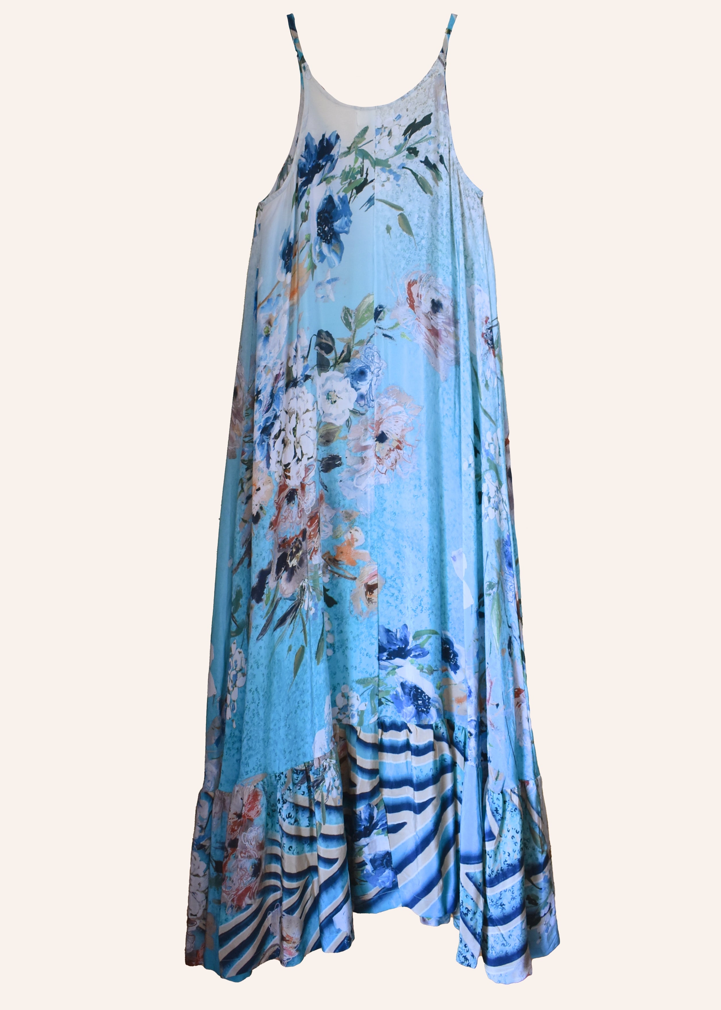 Eustoma Silk Crepe Swing Maxi Dress ~ Azurine S