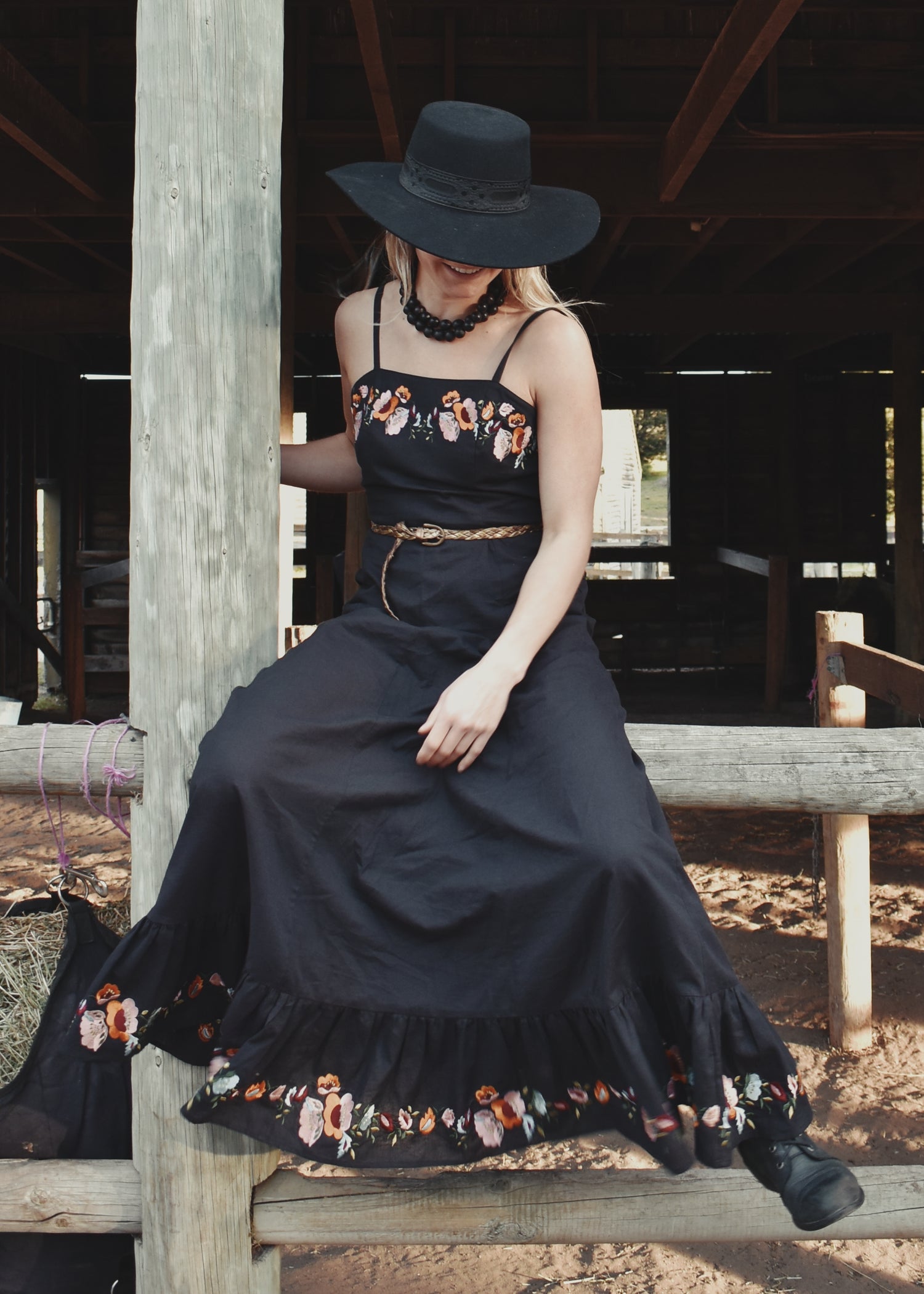 black linen cotton hand embroidered folk western bohemian vintage maxi dress