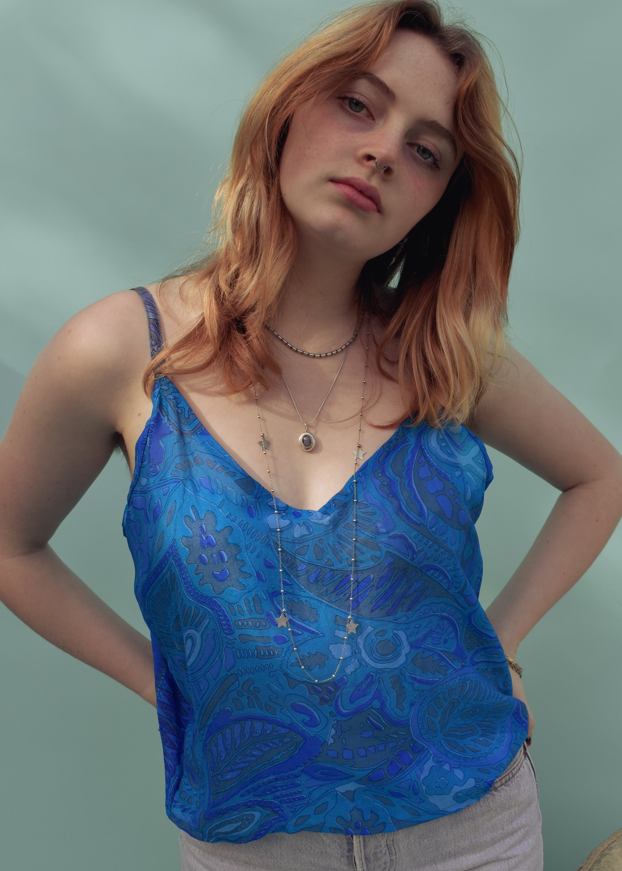 Reseda Silk Crepe Camisole Top ~ Azure XL