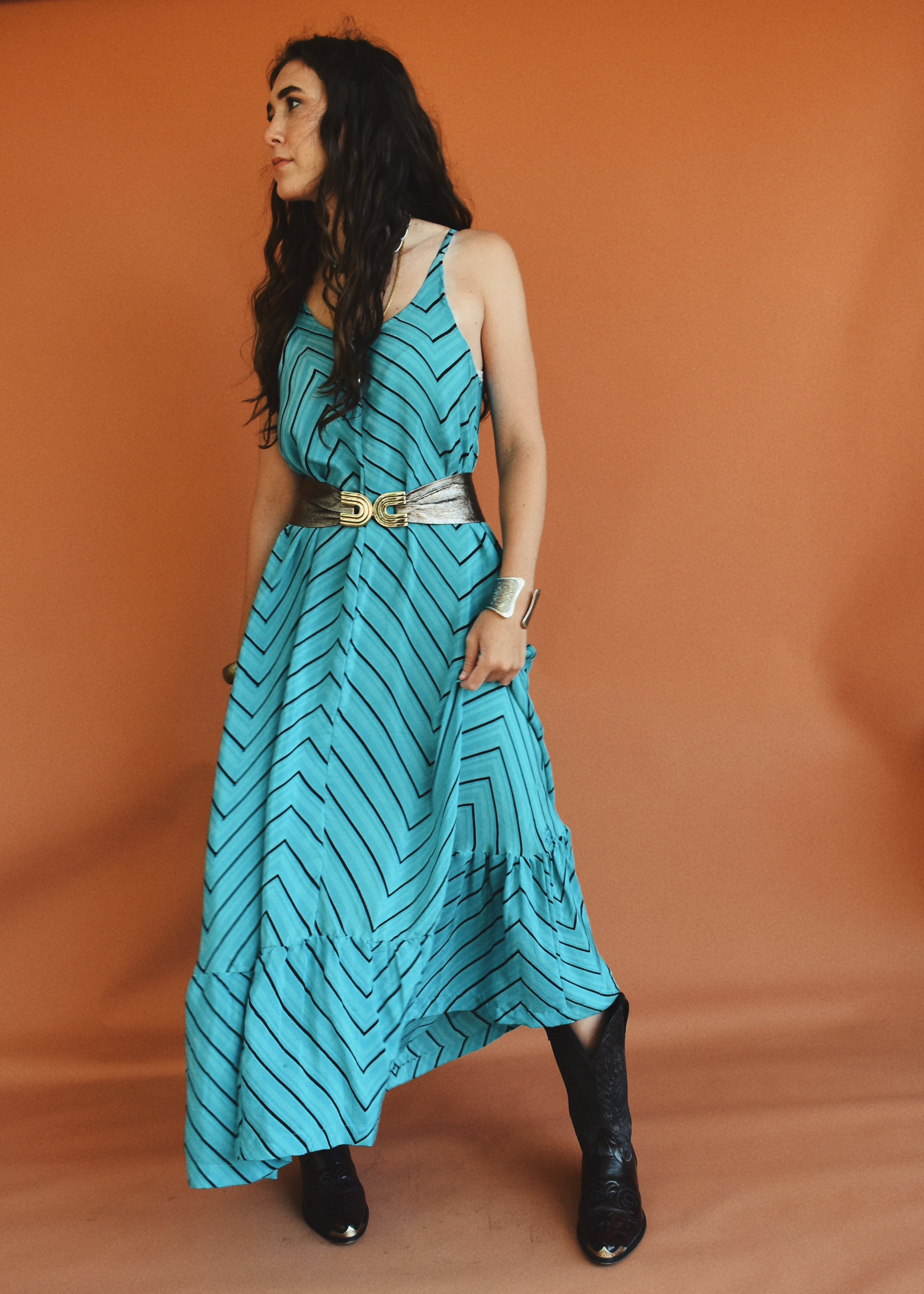 Eustoma Silk Crepe Swing Maxi Dress ~ Capri L