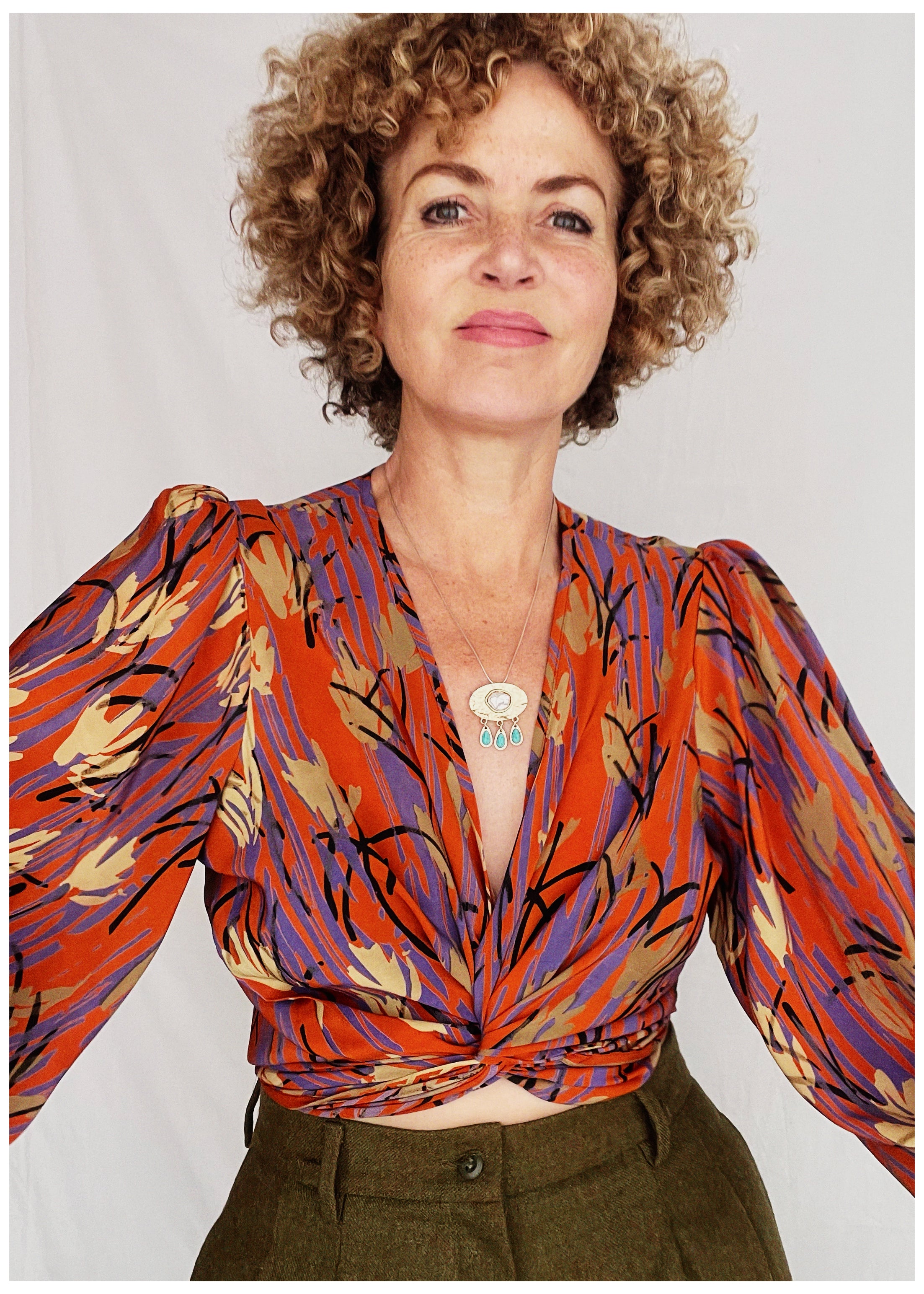 Hoya Silk Crepe Balloon Sleeve Wrap Top ~ Tangerine L