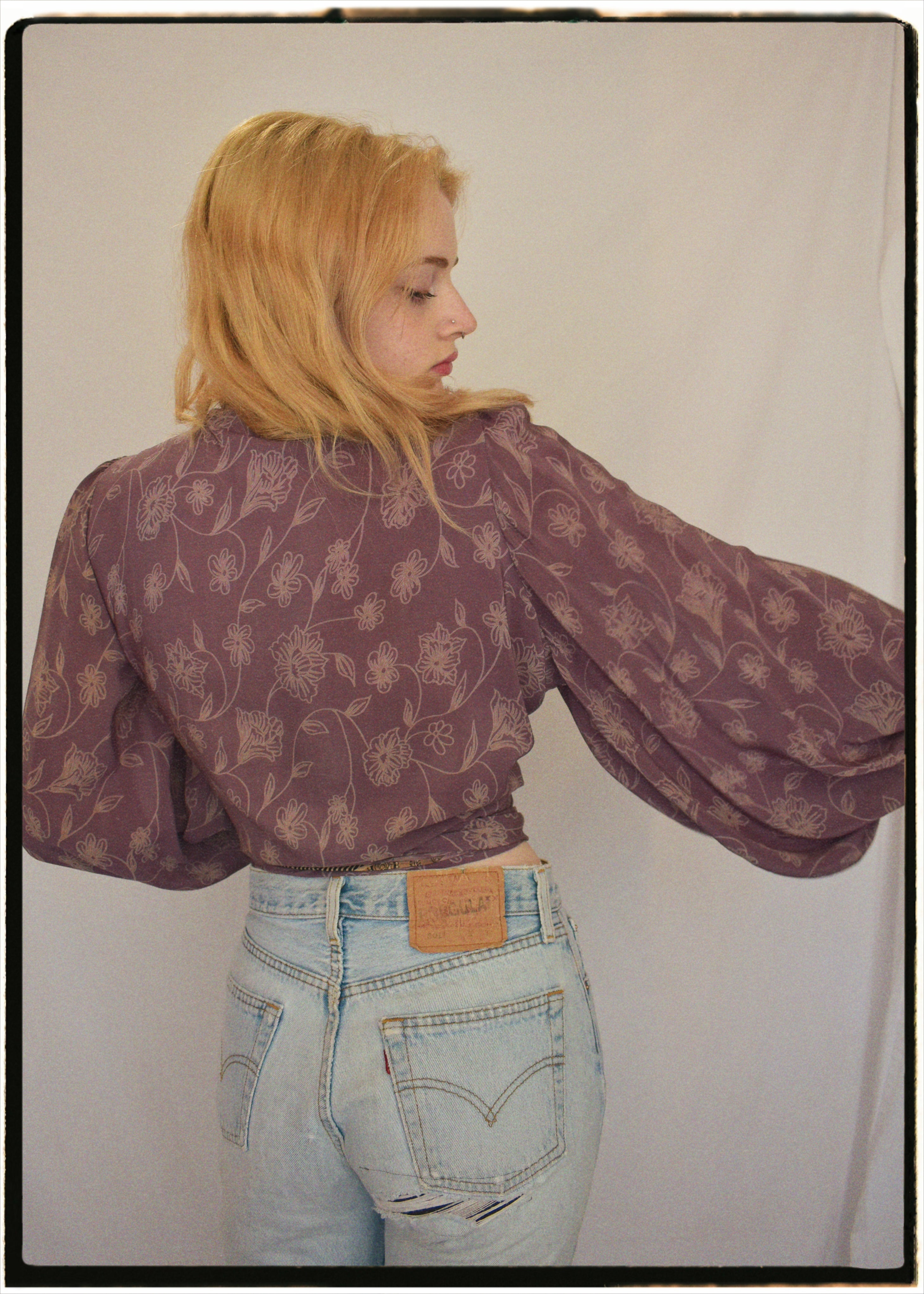 Hoya Silk Crepe Balloon Sleeve Wrap Top ~ Dusty Mauve L