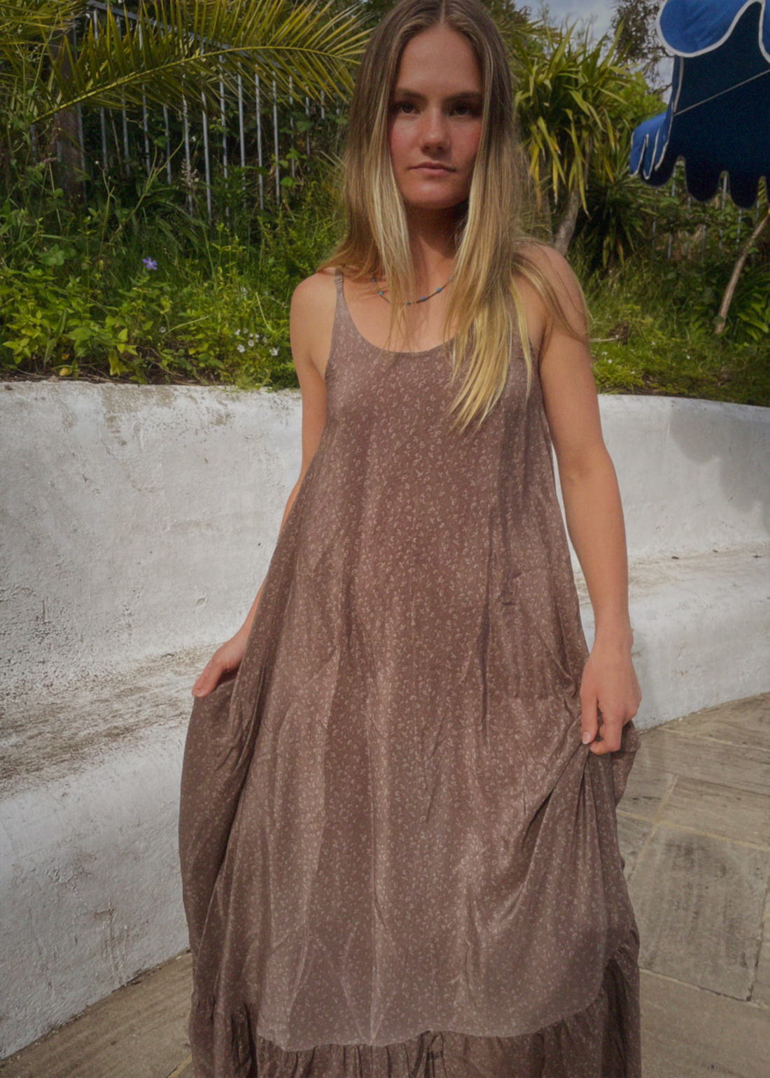 Eustoma Silk Crepe Swing Maxi Dress ~ Taupe XS
