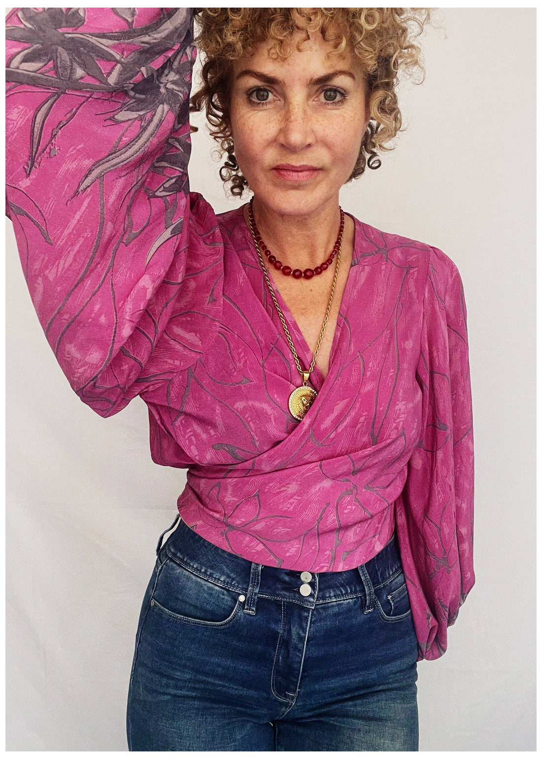 Hoya Silk Crepe Balloon Sleeve Wrap Top ~ Cloudburst XL