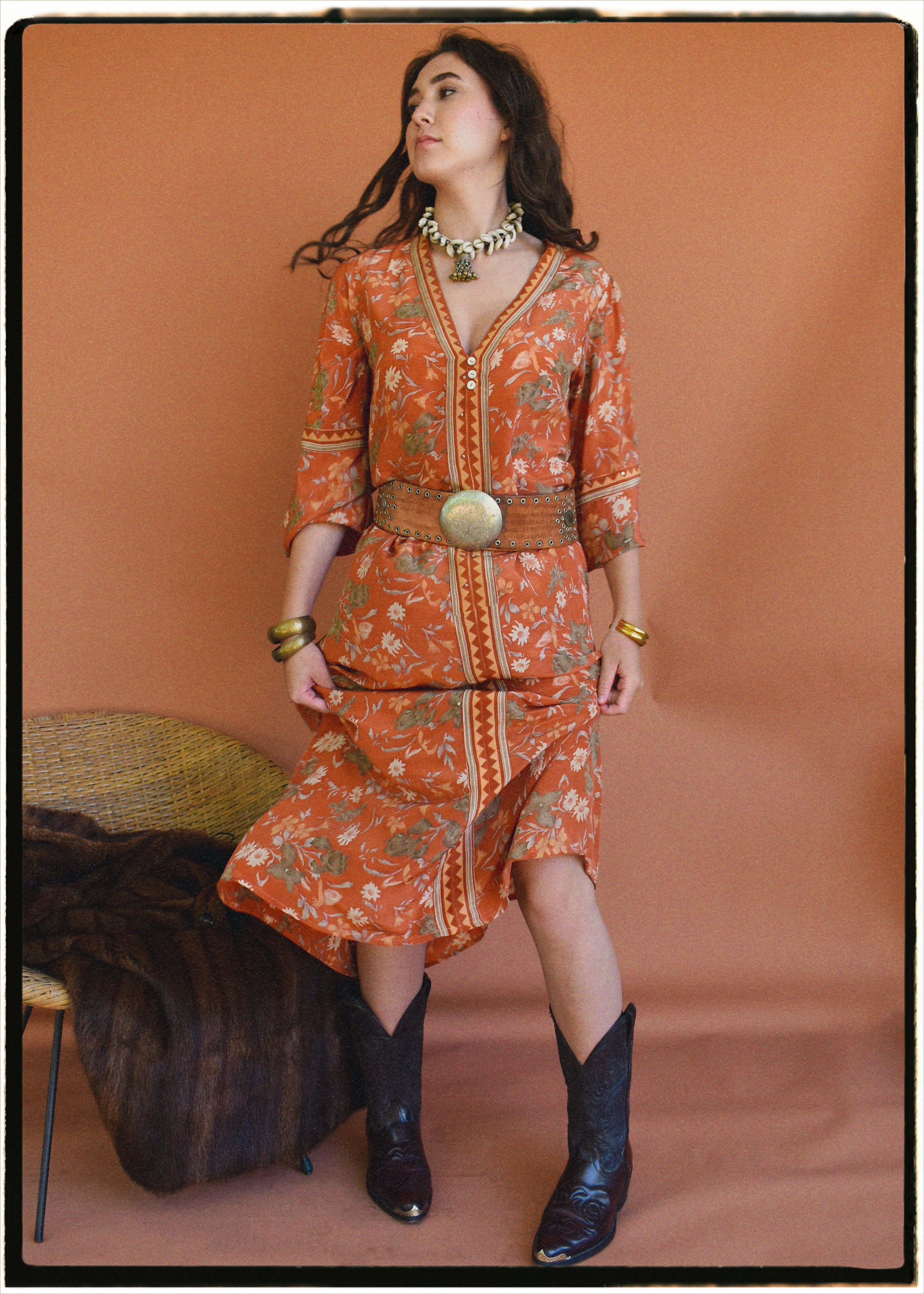 Zea Silk Crepe Kaftan Maxi Dress ~ Amberglow M