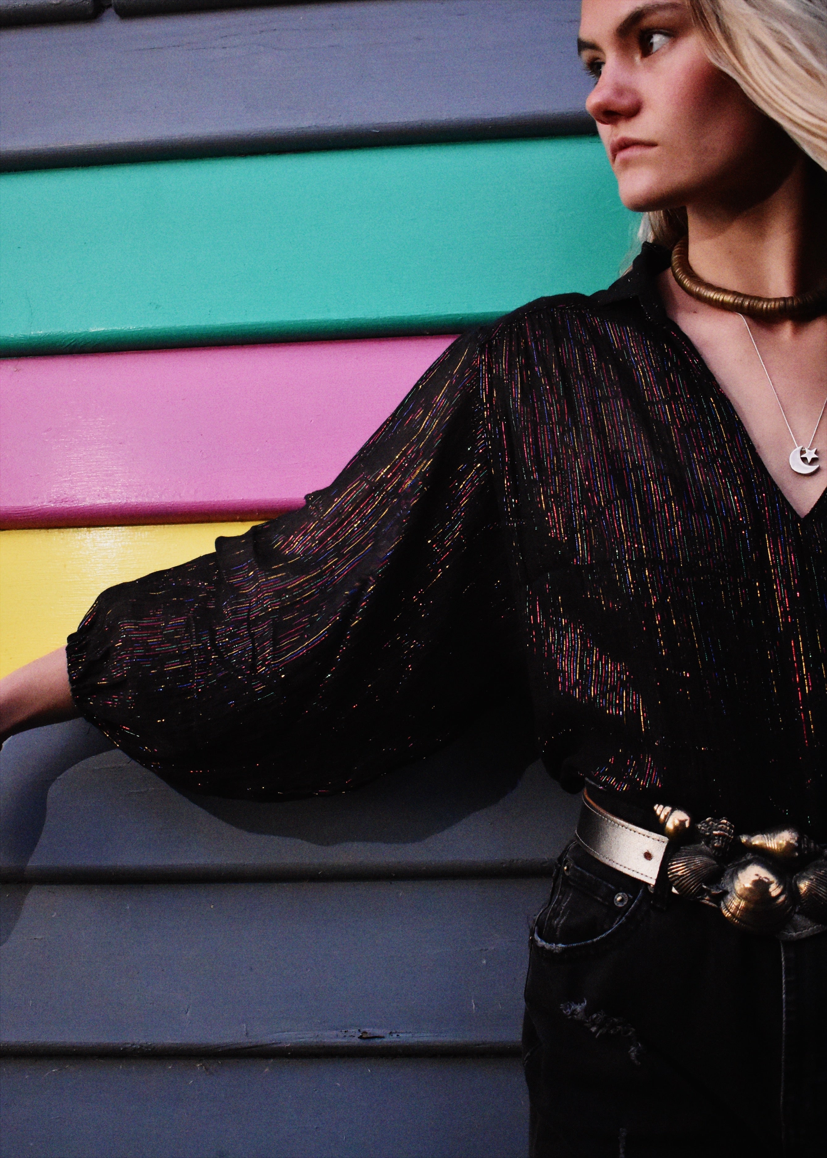 Phool quilted bodice hand block-print cotton muslin satin trim shirring elastic vintage bohemian hippy boho chic chasing Unicorns Spell and the gypsy lurex rainbow pinstripe black Indian