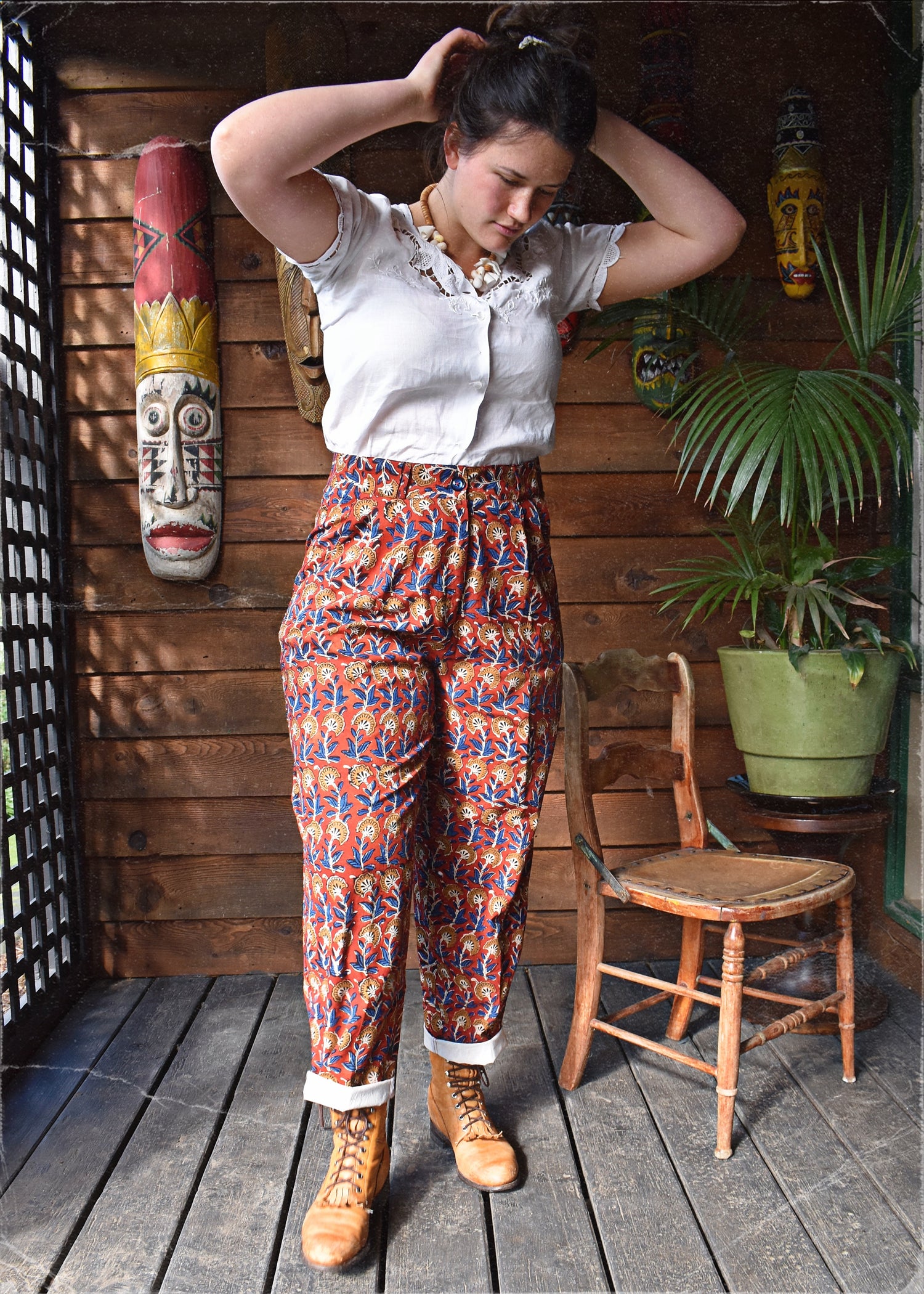 Cotton high-waisted hand block printed fabric bohemian style pants