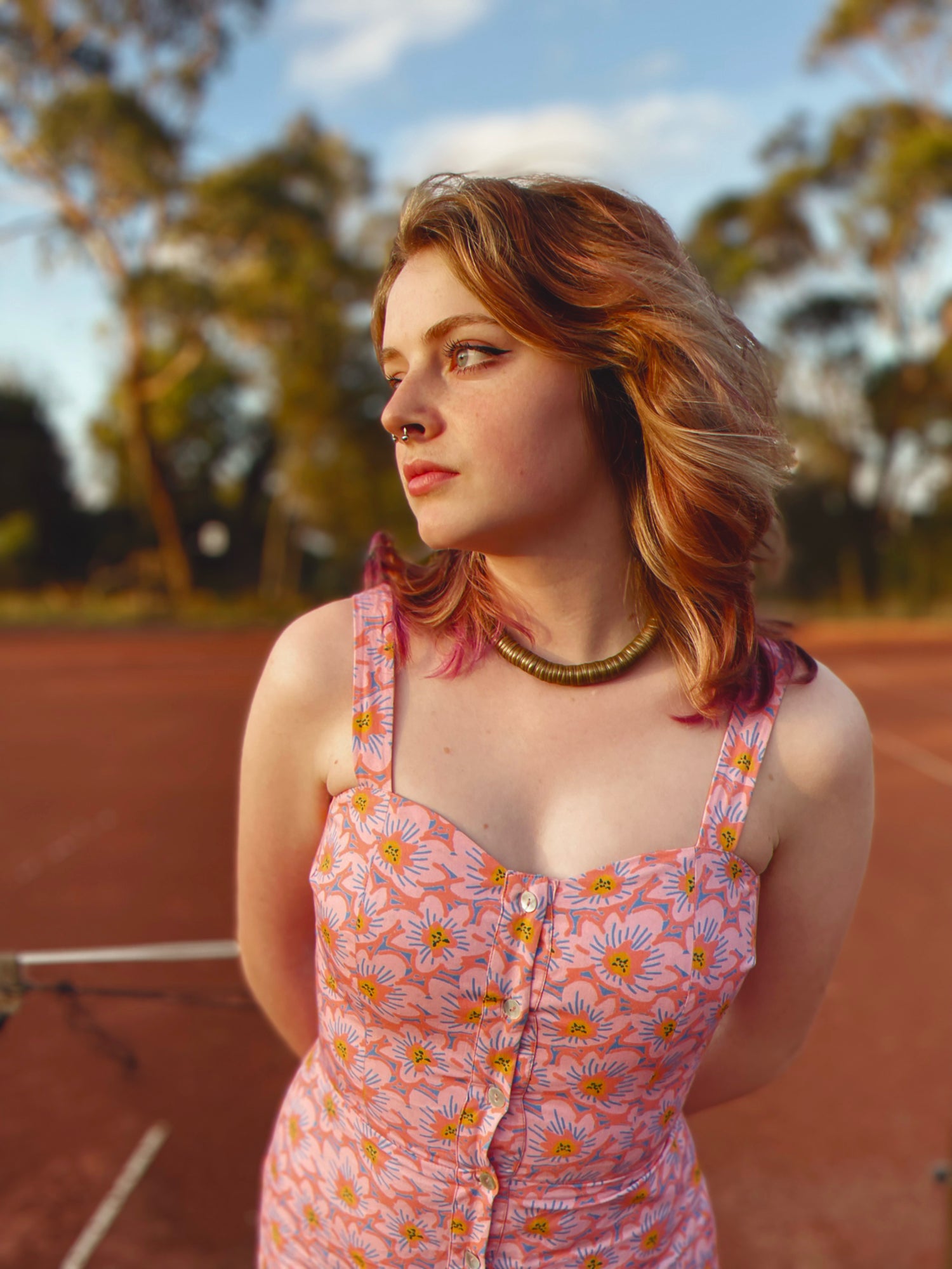 bohemian vintage retro style playsuit, beach suit bathing suit with shell buttons and printed pink material