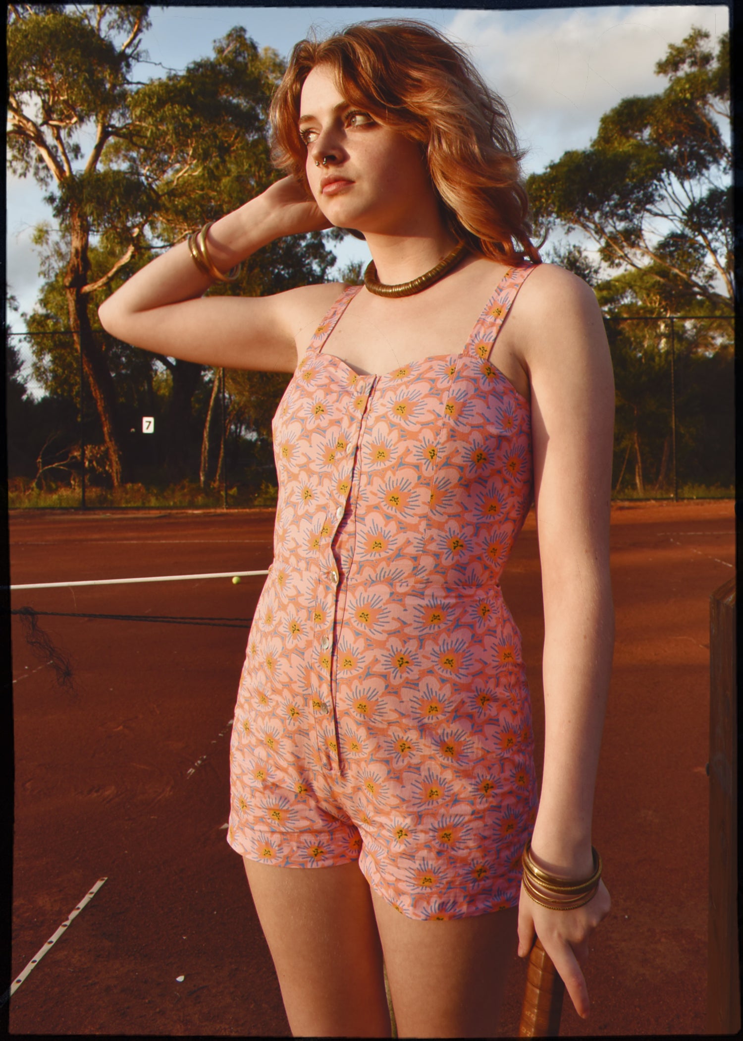bohemian vintage retro style playsuit, beach suit bathing suit with shell buttons and printed pink material