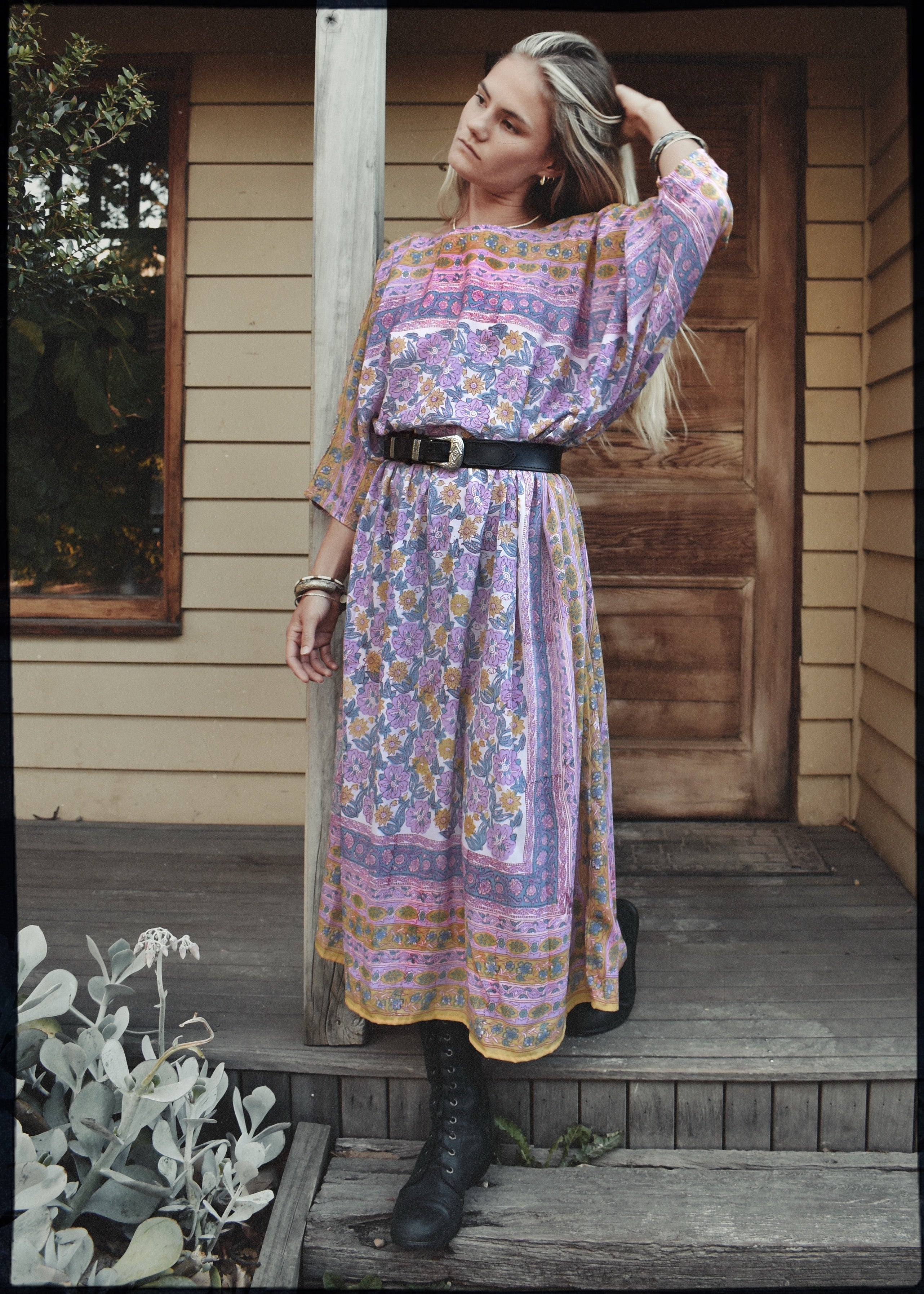 hand block-printed silk kaftan style dress with batwing sleeves, in pastel colours. Vintage Adini, Phool style. Bohemian women&