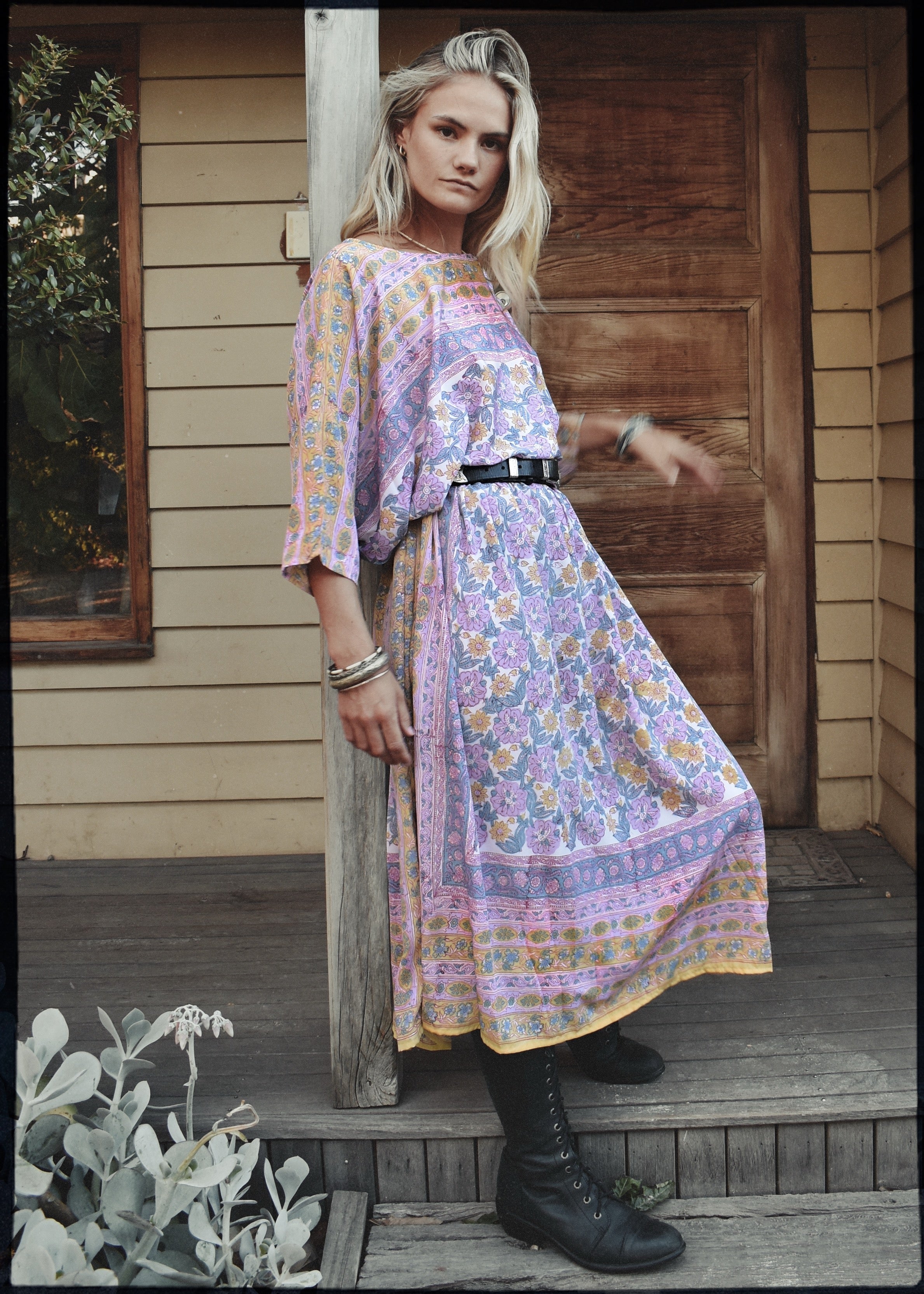 hand block-printed silk kaftan style dress with batwing sleeves, in pastel colours. Vintage Adini, Phool style. Bohemian women&