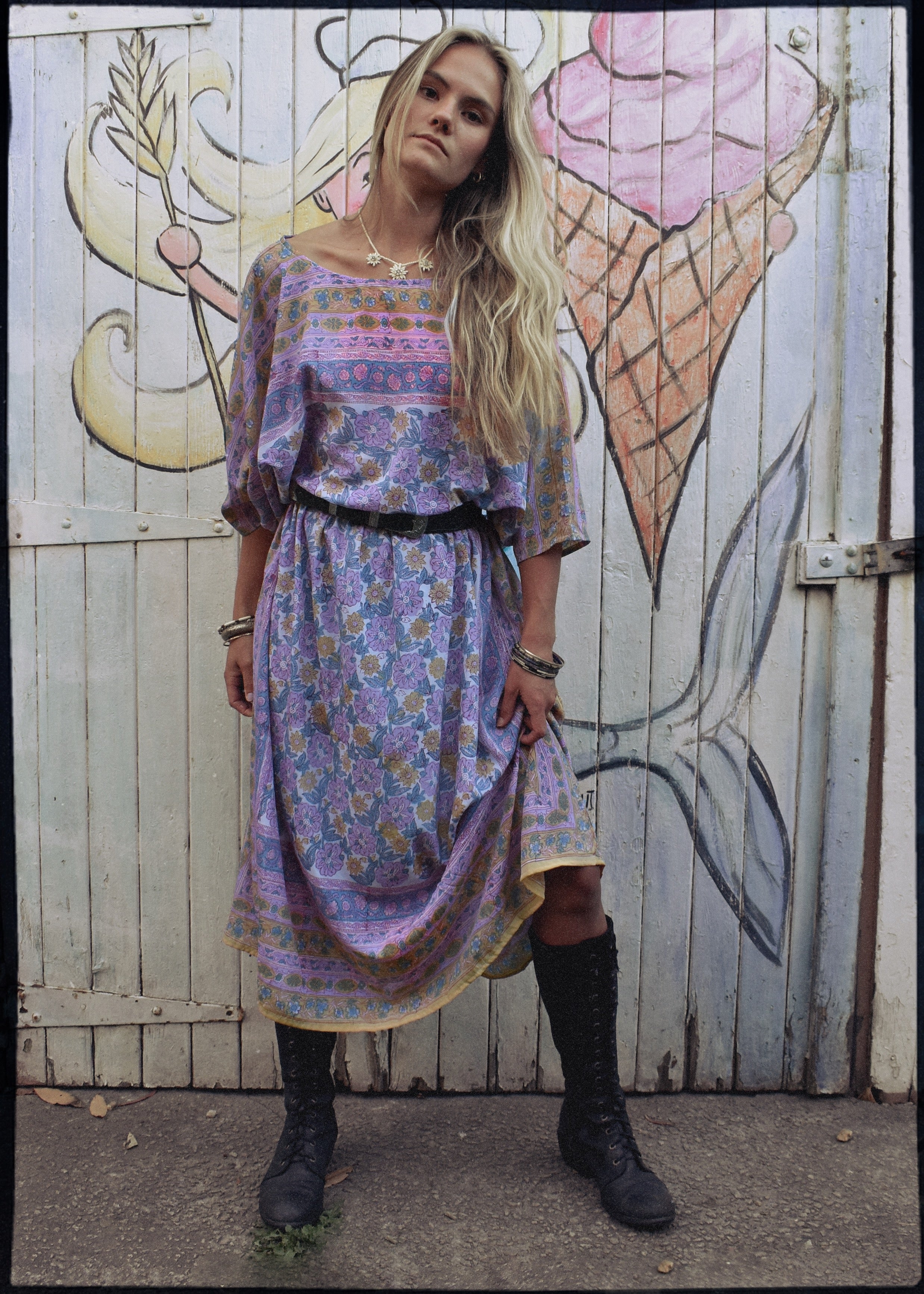 hand block-printed silk kaftan style dress with batwing sleeves, in pastel colours. Vintage Adini, Phool style. Bohemian women&