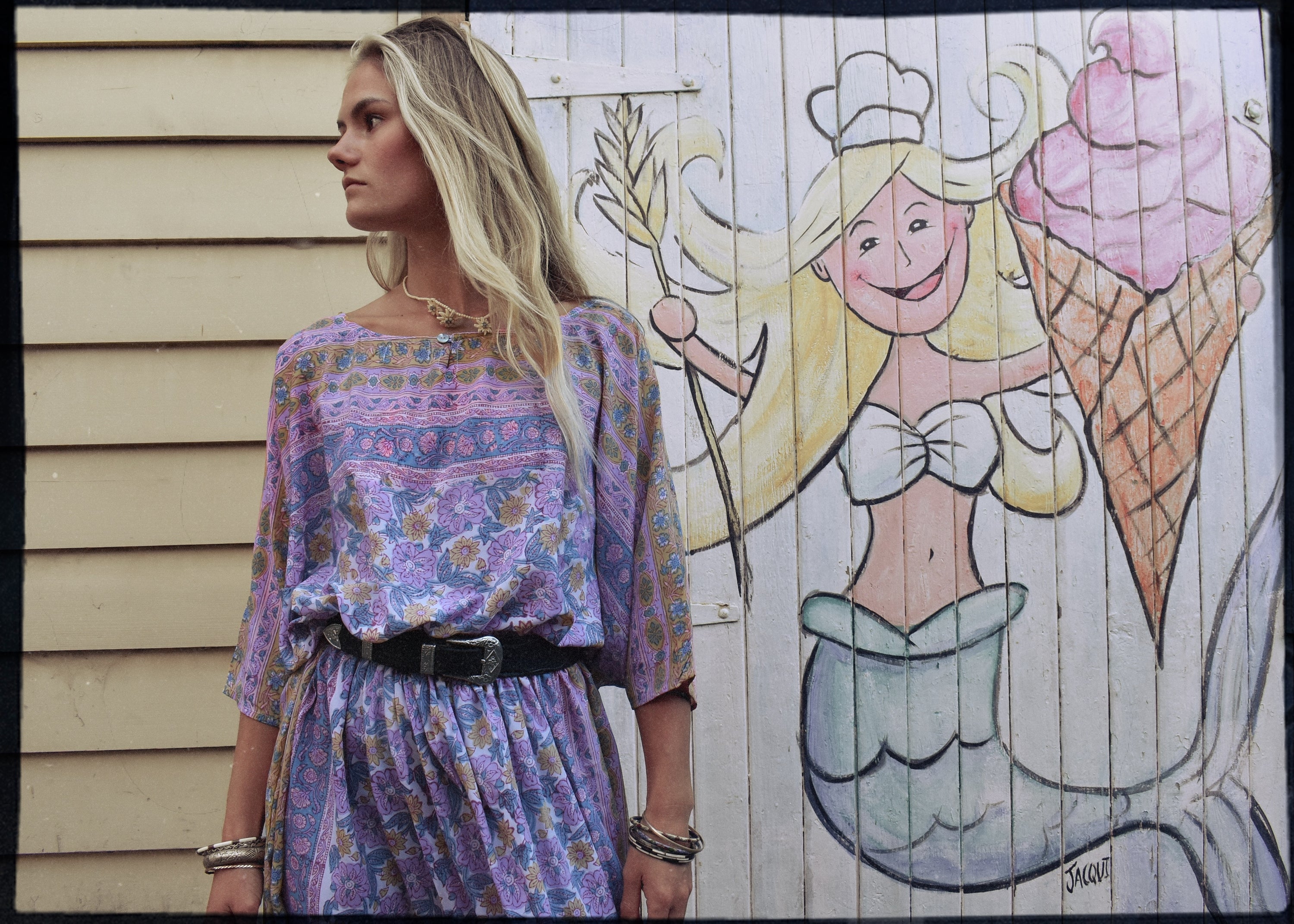 hand block-printed silk kaftan style dress with batwing sleeves, in pastel colours. Vintage Adini, Phool style. Bohemian women&