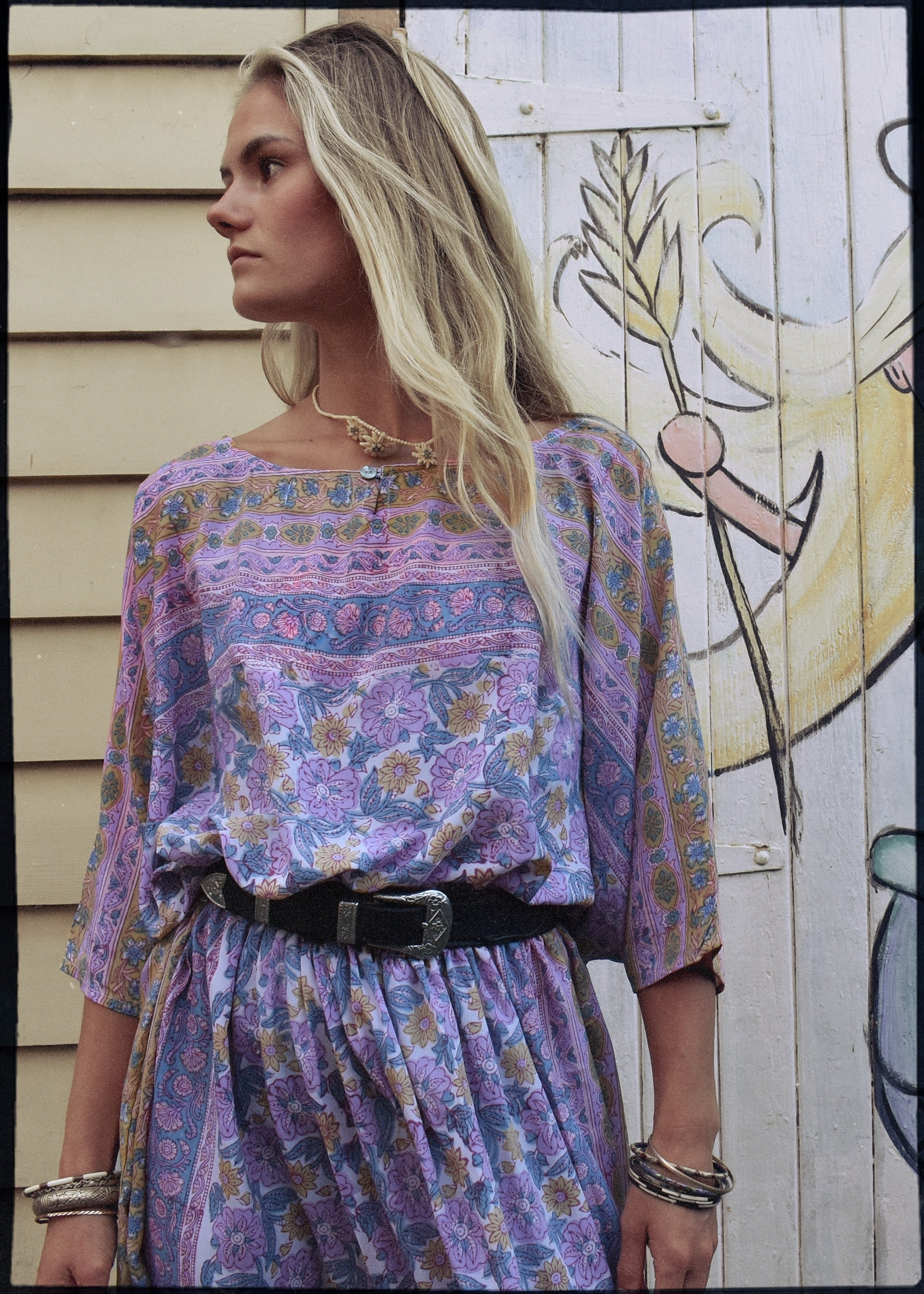 hand block-printed silk kaftan style dress with batwing sleeves, in pastel colours. Vintage Adini, Phool style. Bohemian women&