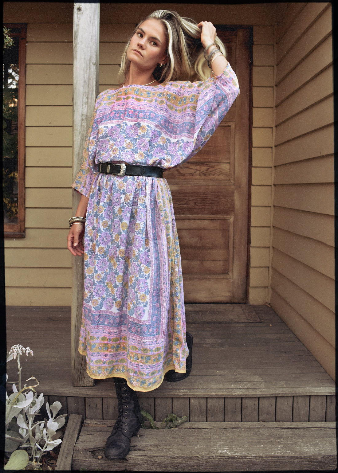 hand block-printed silk kaftan style dress with batwing sleeves, in pastel colours. Vintage Adini, Phool style. Bohemian women&