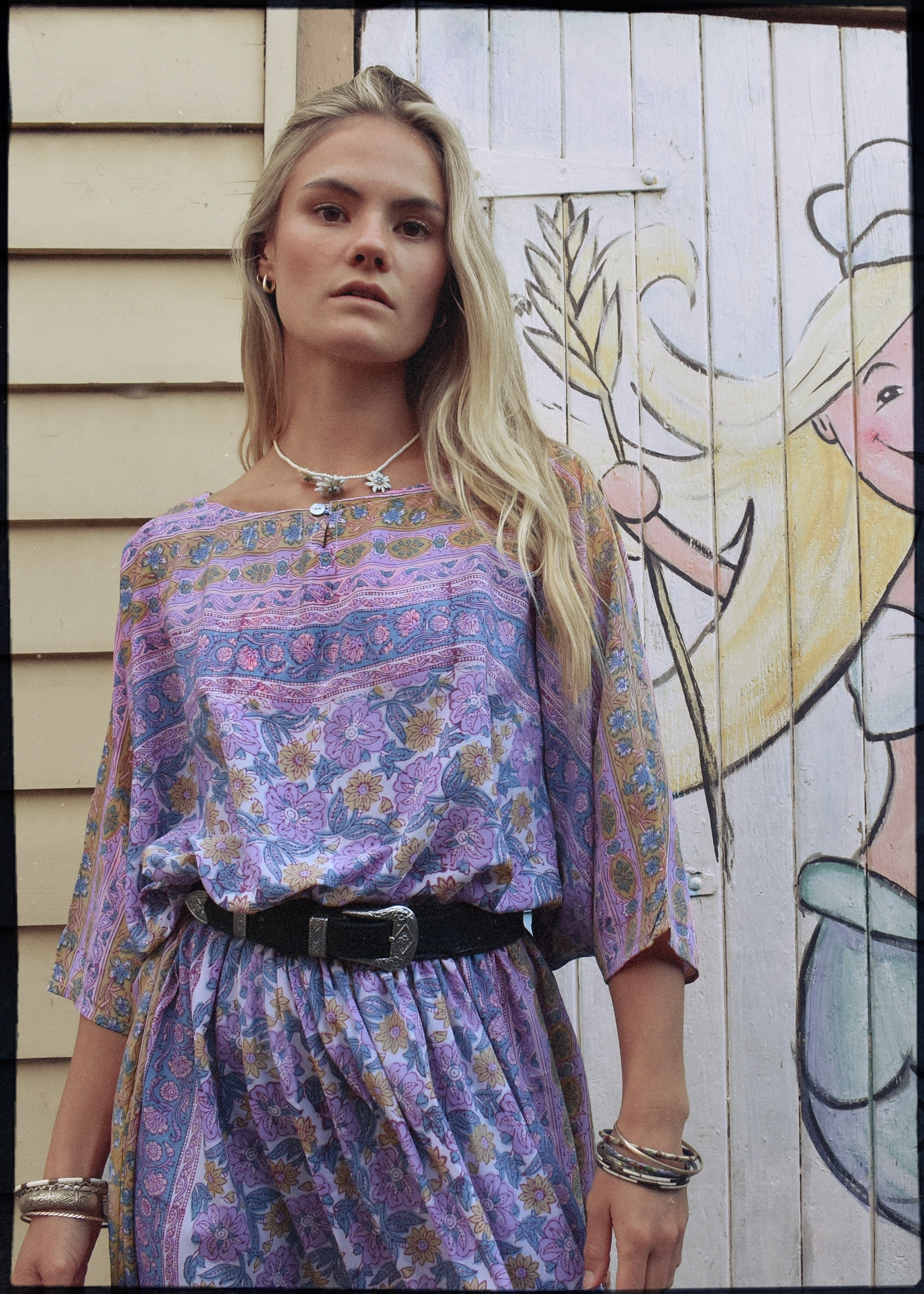hand block-printed silk kaftan style dress with batwing sleeves, in pastel colours. Vintage Adini, Phool style. Bohemian women&