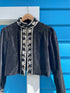 black velvet cropped jacket with silver leather appliqué detail. Vintage, bohemian style. The Outlaw Dame