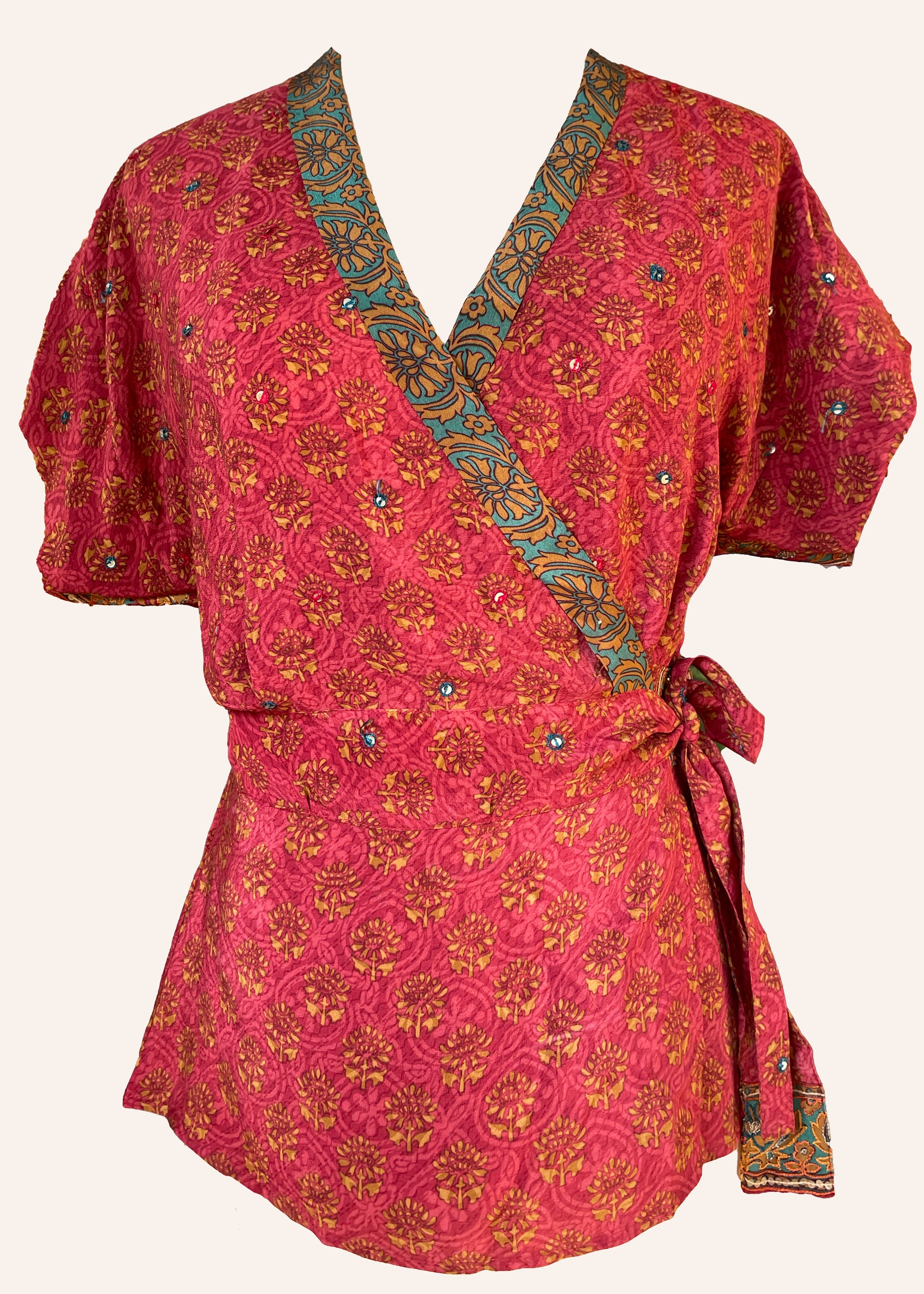 Bassia Silk Crepe Cross Tie Front Blouse ~ Ribbon XS