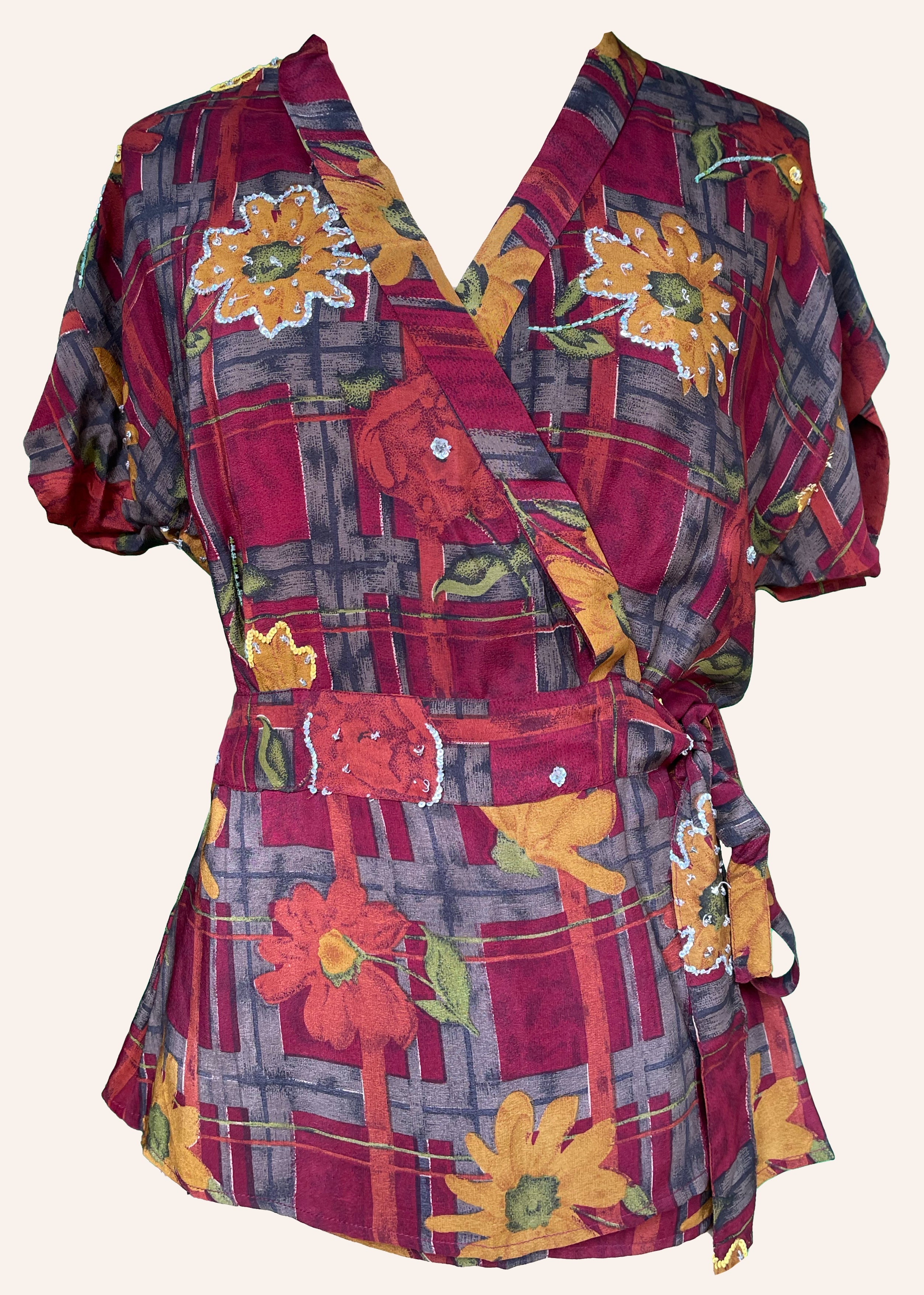 Bassia Silk Crepe Cross Tie Front Blouse ~ Tango XS