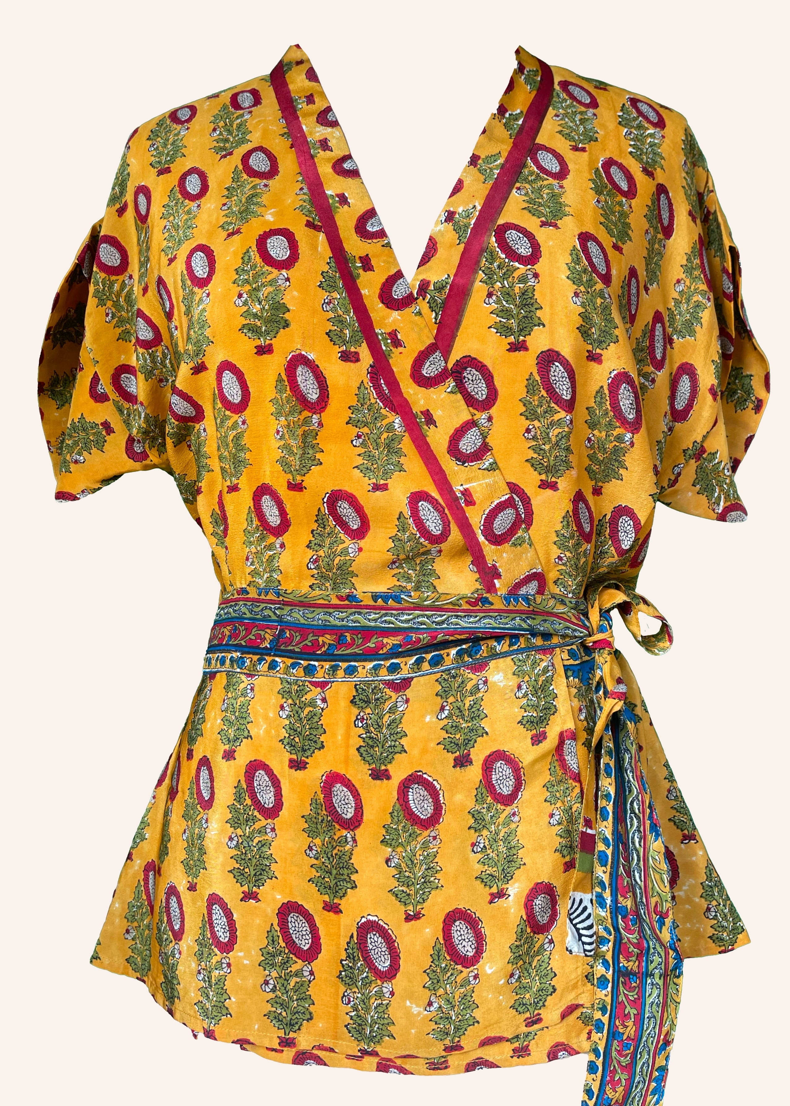 Bassia Silk Crepe Cross Tie Front Blouse ~ Marigold XS