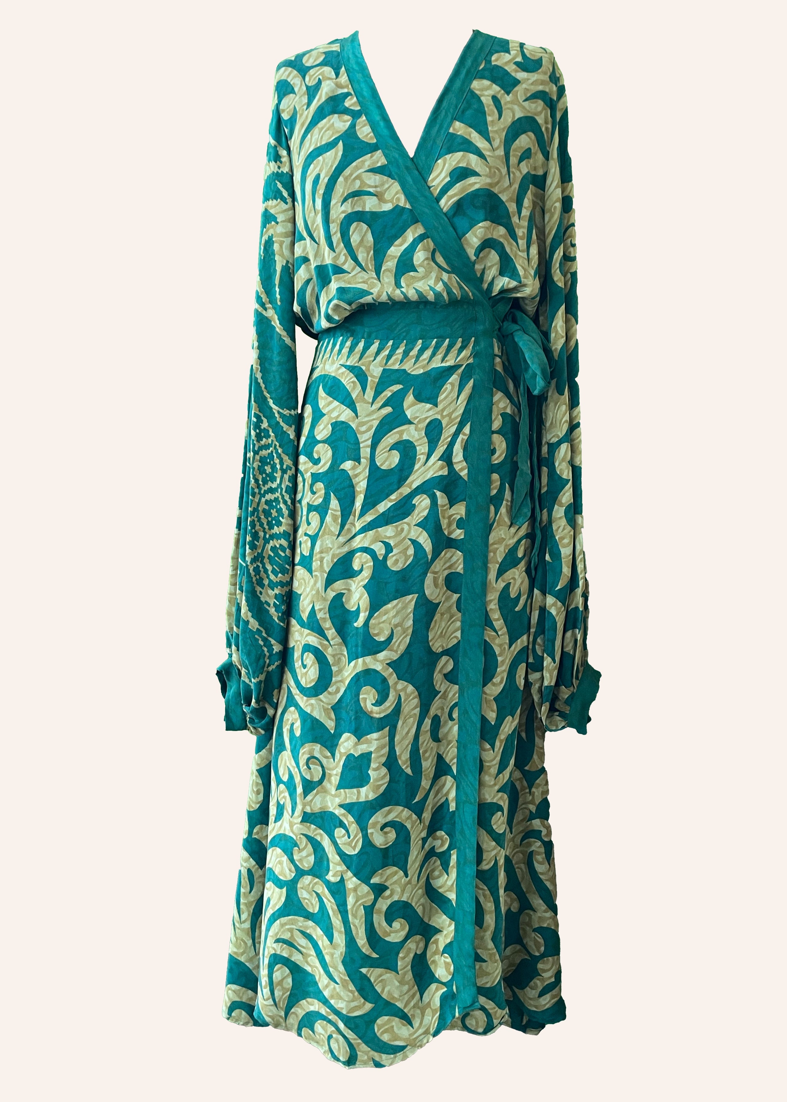 Caladium Wrap Silk Dress ~ Emerald XL