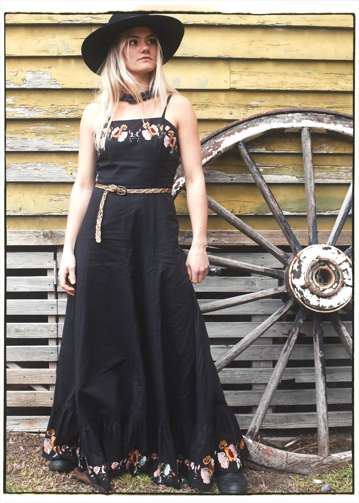 black linen cotton hand embroidered folk western bohemian vintage maxi dress