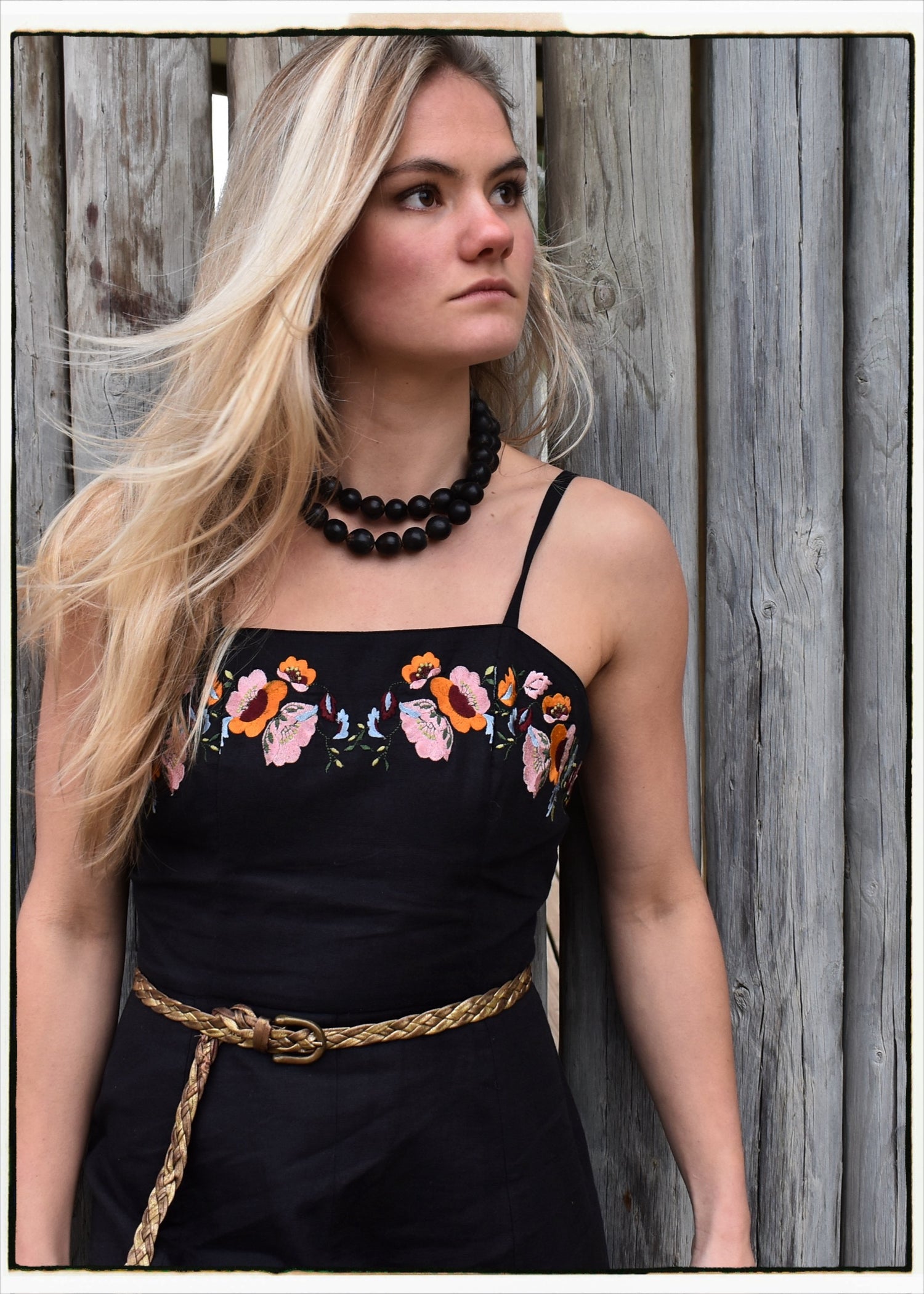 black linen cotton hand embroidered folk western bohemian vintage maxi dress