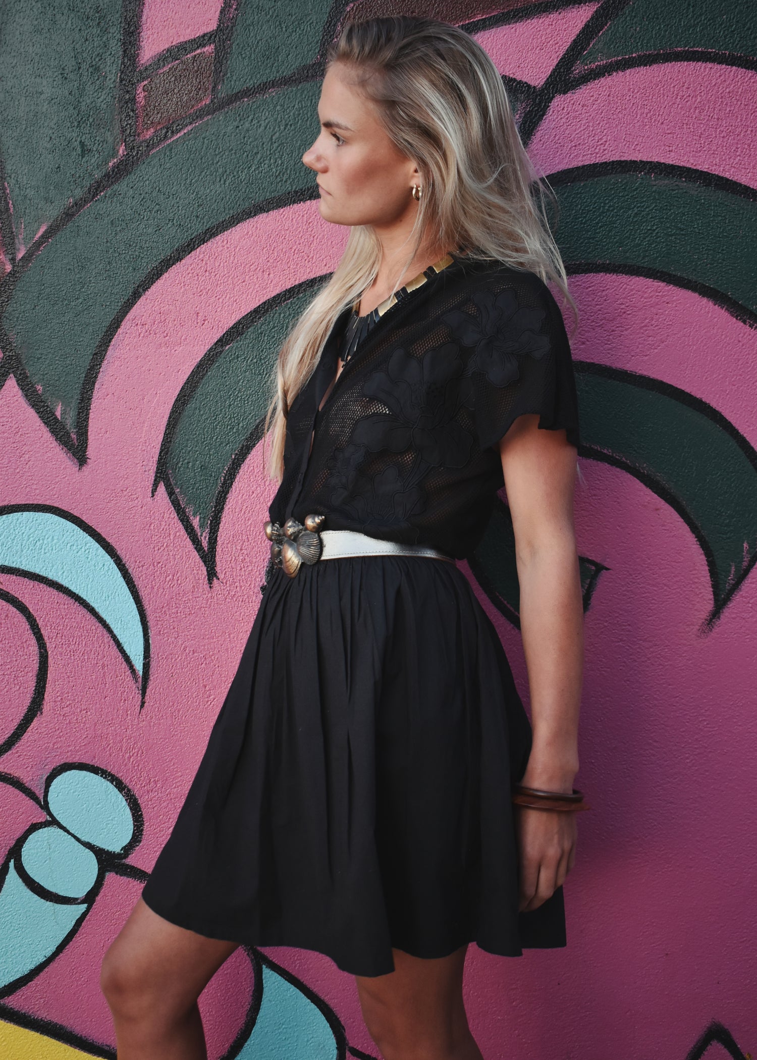 black mesh crochet cotton appliqué detail mini dress vintage retro cut work embroidery The Outlaw Dame