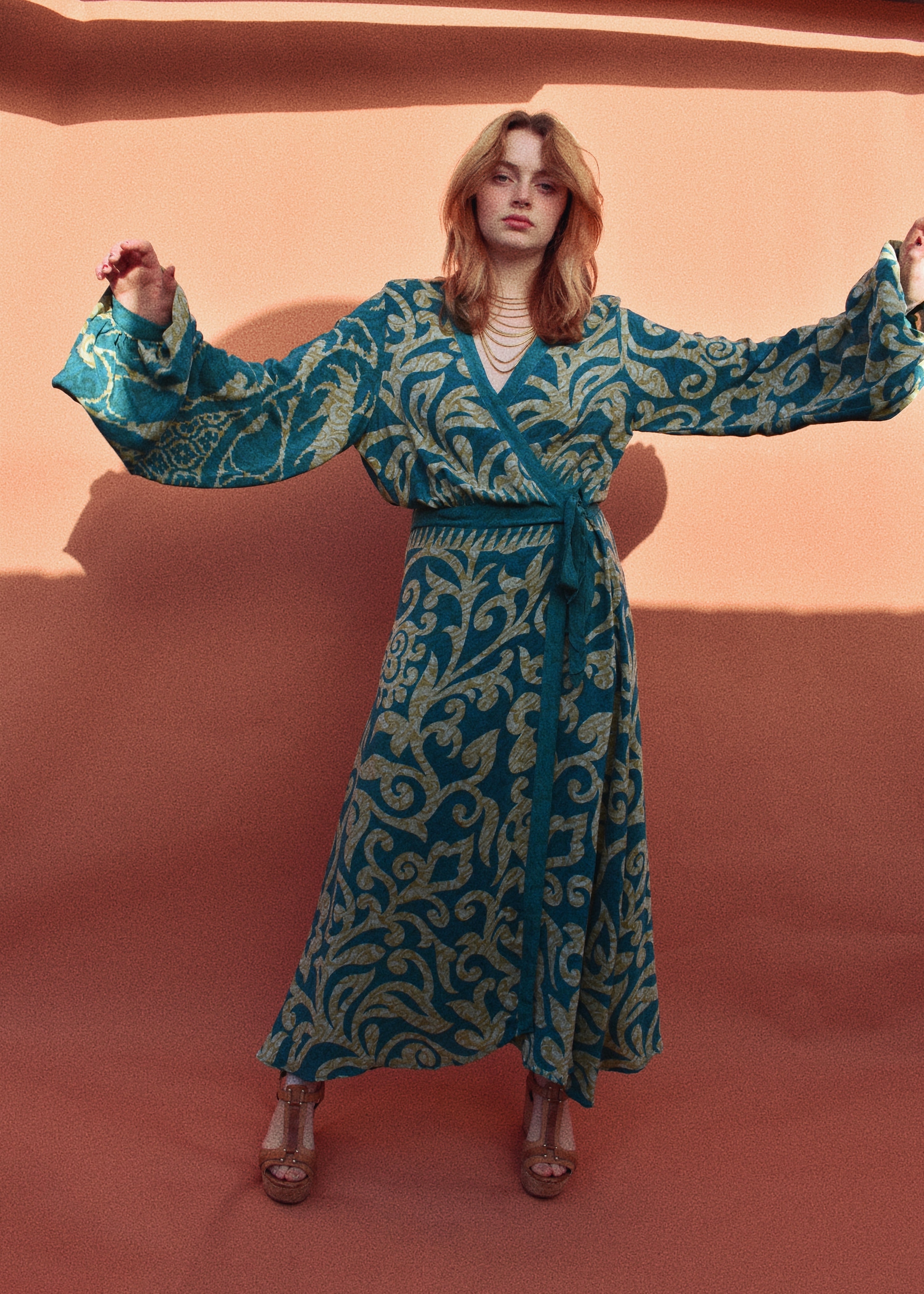 Caladium Wrap Silk Dress ~ Emerald XL