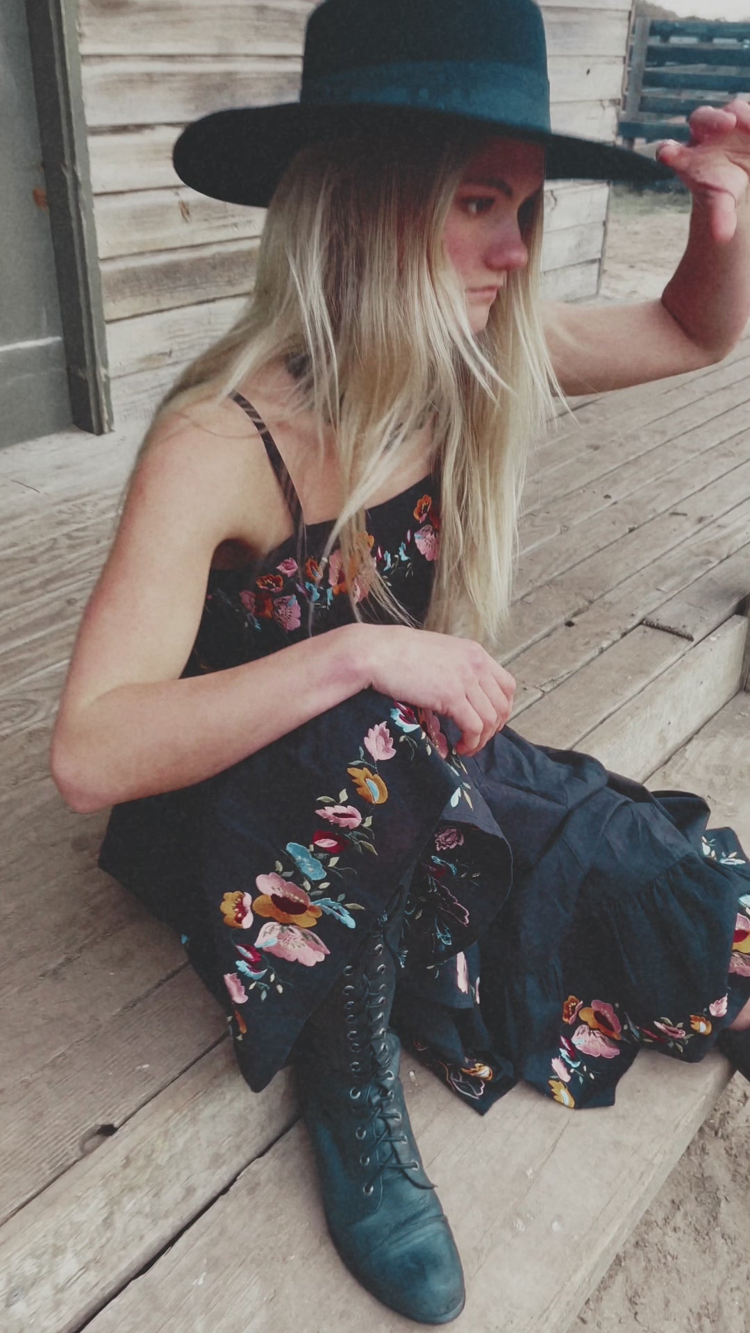 black linen cotton hand embroidered folk western bohemian vintage maxi dress