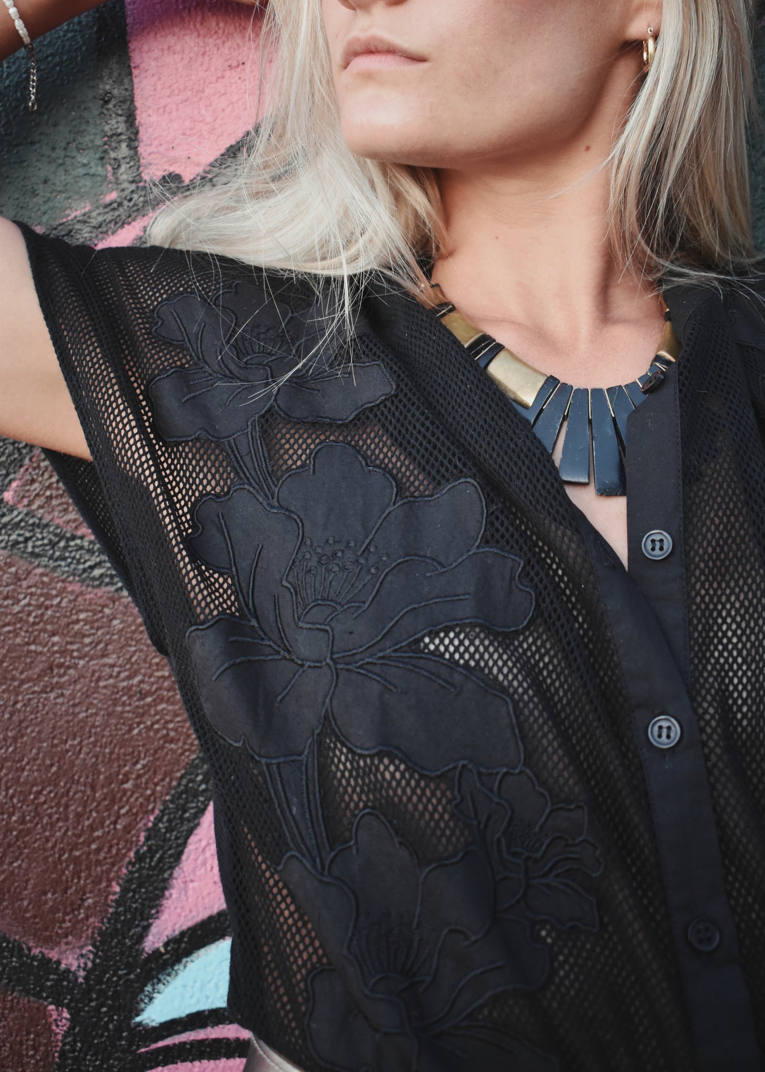 black mesh crochet cotton appliqué detail mini dress vintage retro cut work embroidery The Outlaw Dame
