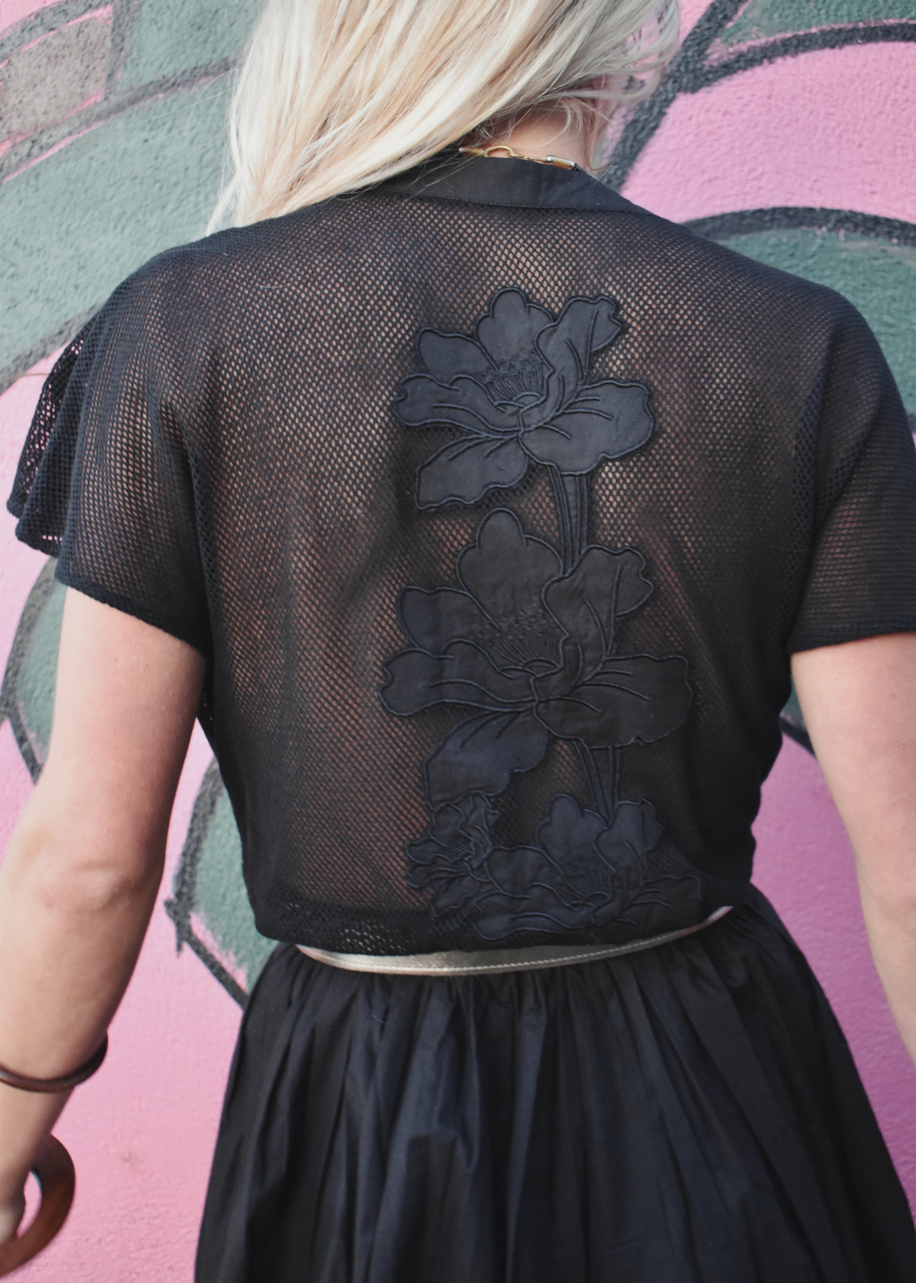 black mesh crochet cotton appliqué detail mini dress vintage retro cut work embroidery The Outlaw Dame