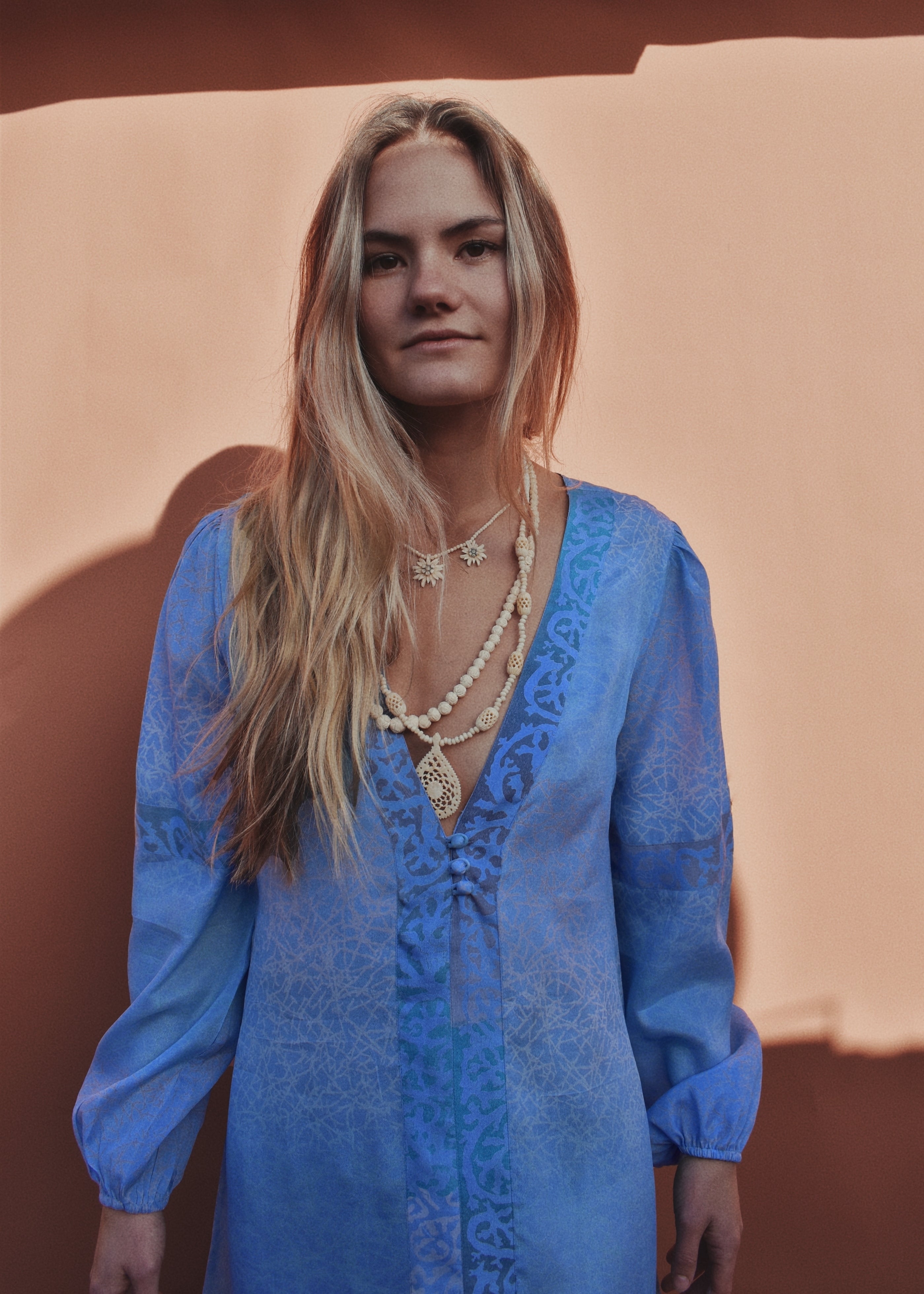 Zea Silk Crepe Kaftan Maxi Dress ~ Icicle S