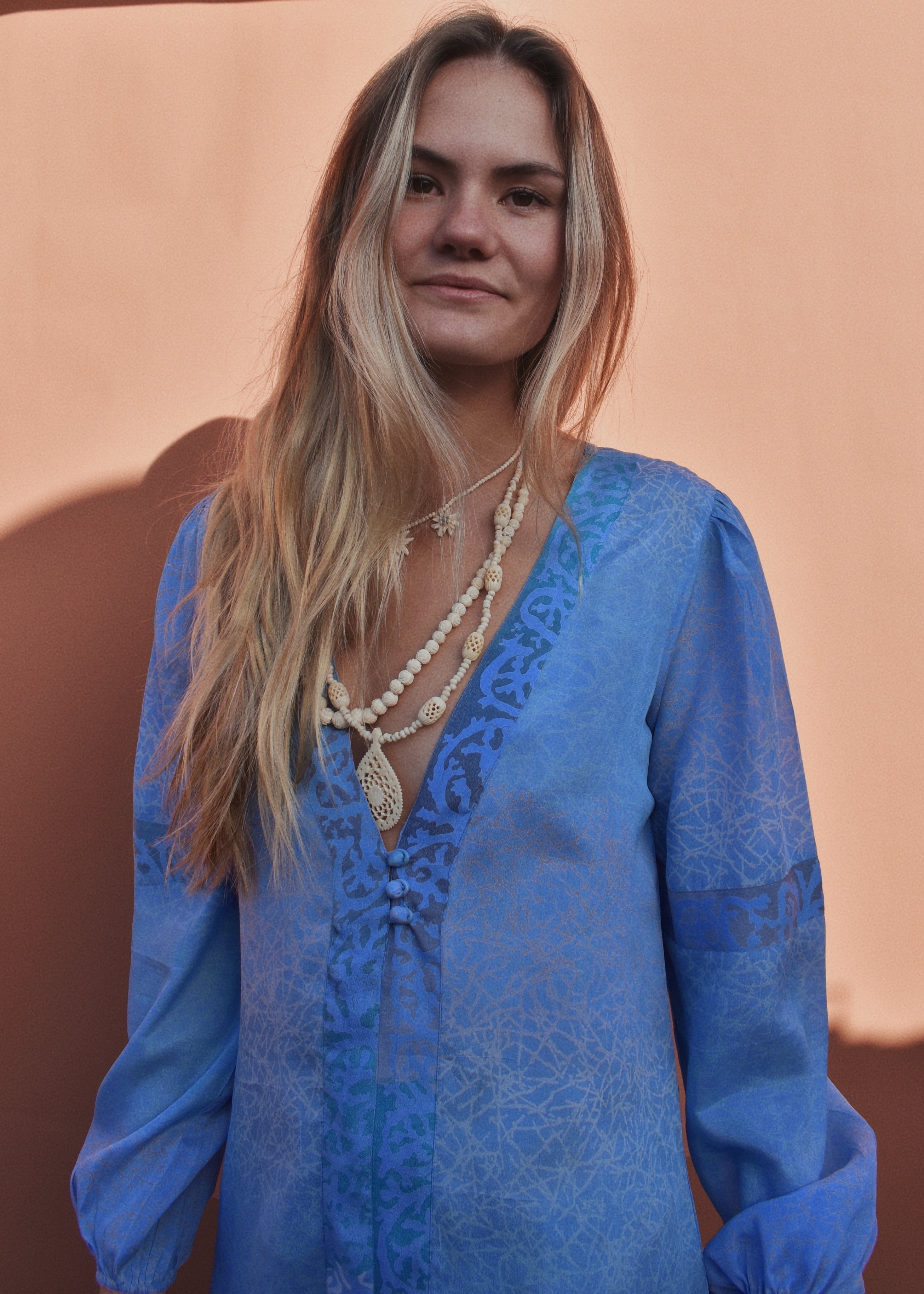 Zea Silk Crepe Kaftan Maxi Dress ~ Icicle S