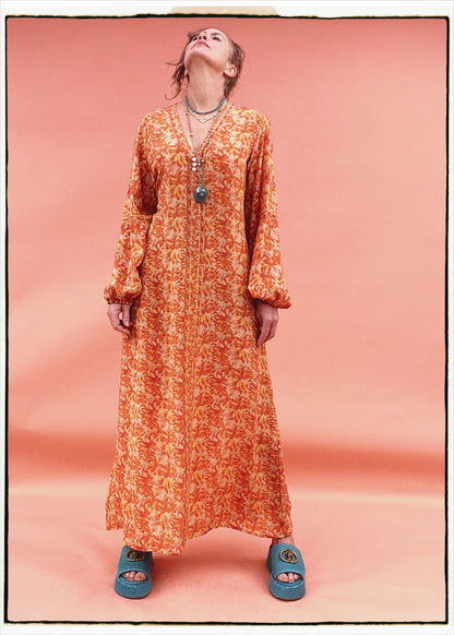 Zea Silk Crepe Kaftan Maxi Dress ~  Koi L
