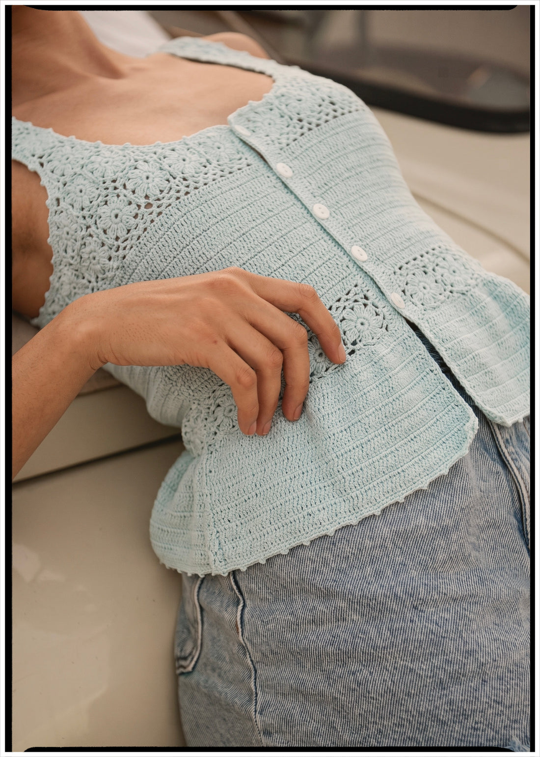 Alcea Hand-Crochet Button-Up Camisole ~ Aquamarine