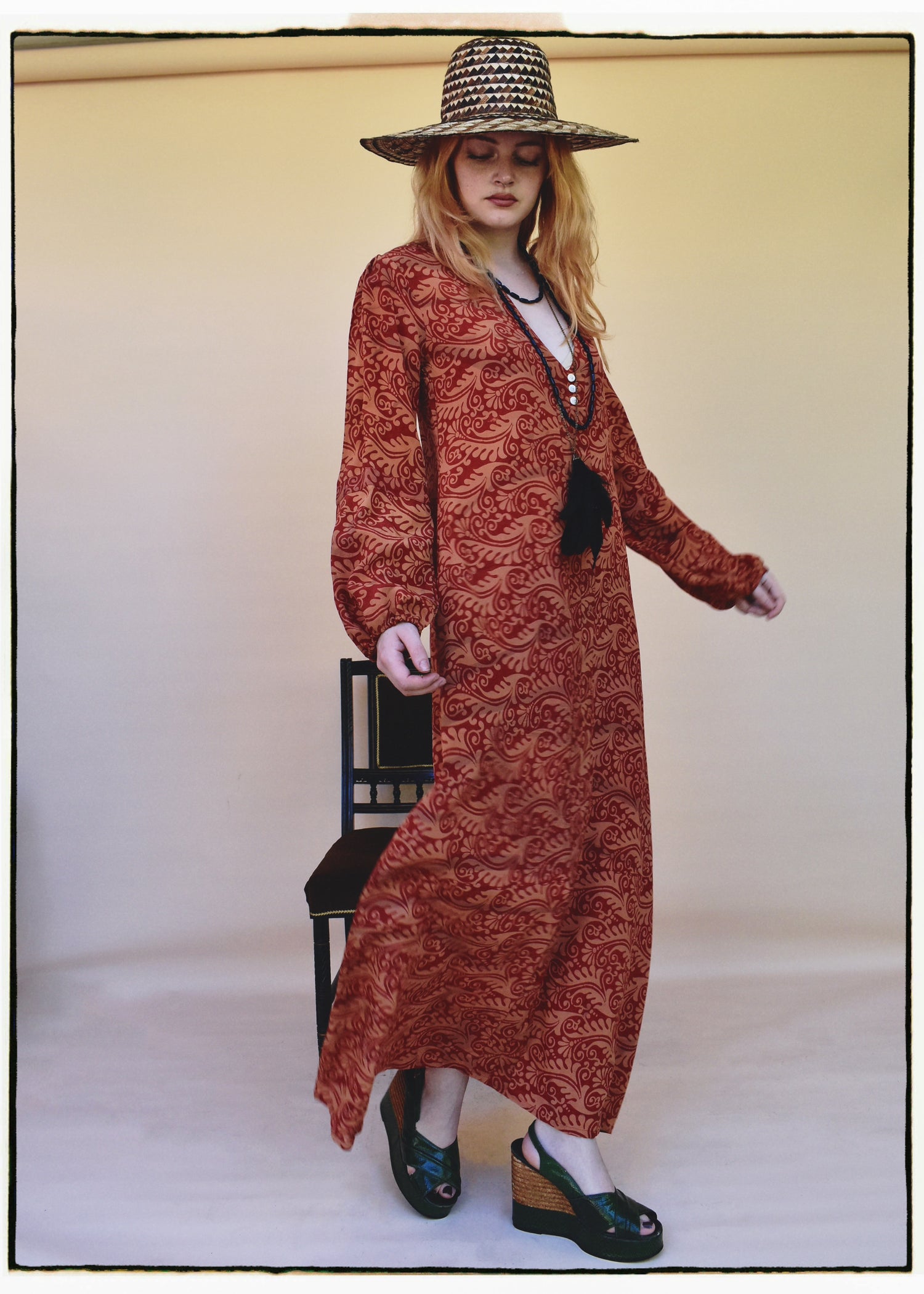 Zea Silk Crepe Kaftan Maxi Dress ~  Amberglow XS
