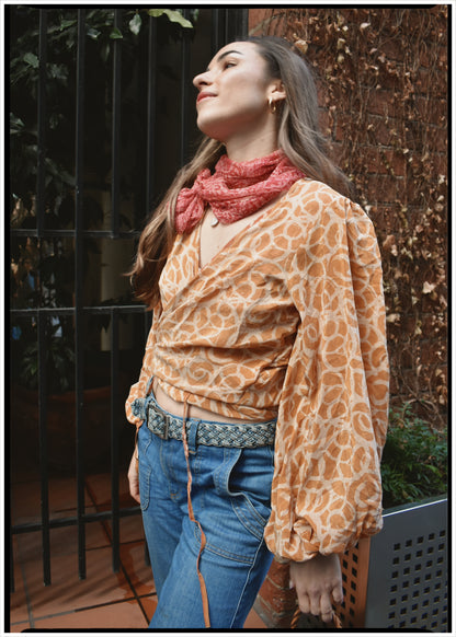 Hoya Silk Crepe Balloon Sleeve Wrap Top ~ Savannah S