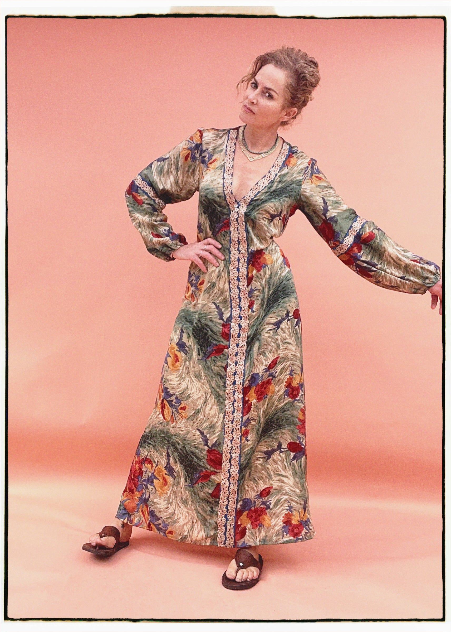 Zea Silk Crepe Kaftan Maxi Dress ~  Antique M